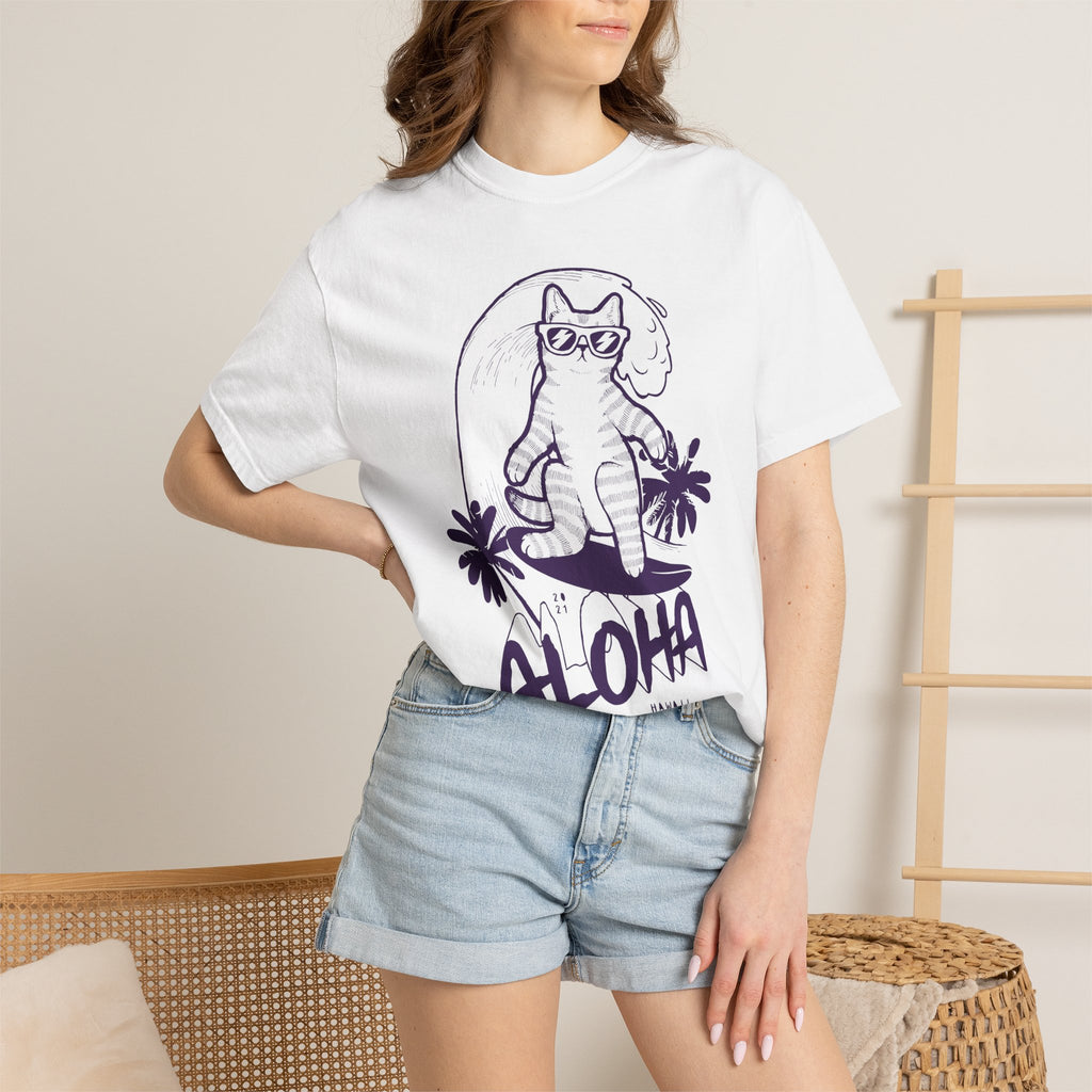 Aloha Surfing Cat T-Shirt | Tropical Palm Graphic