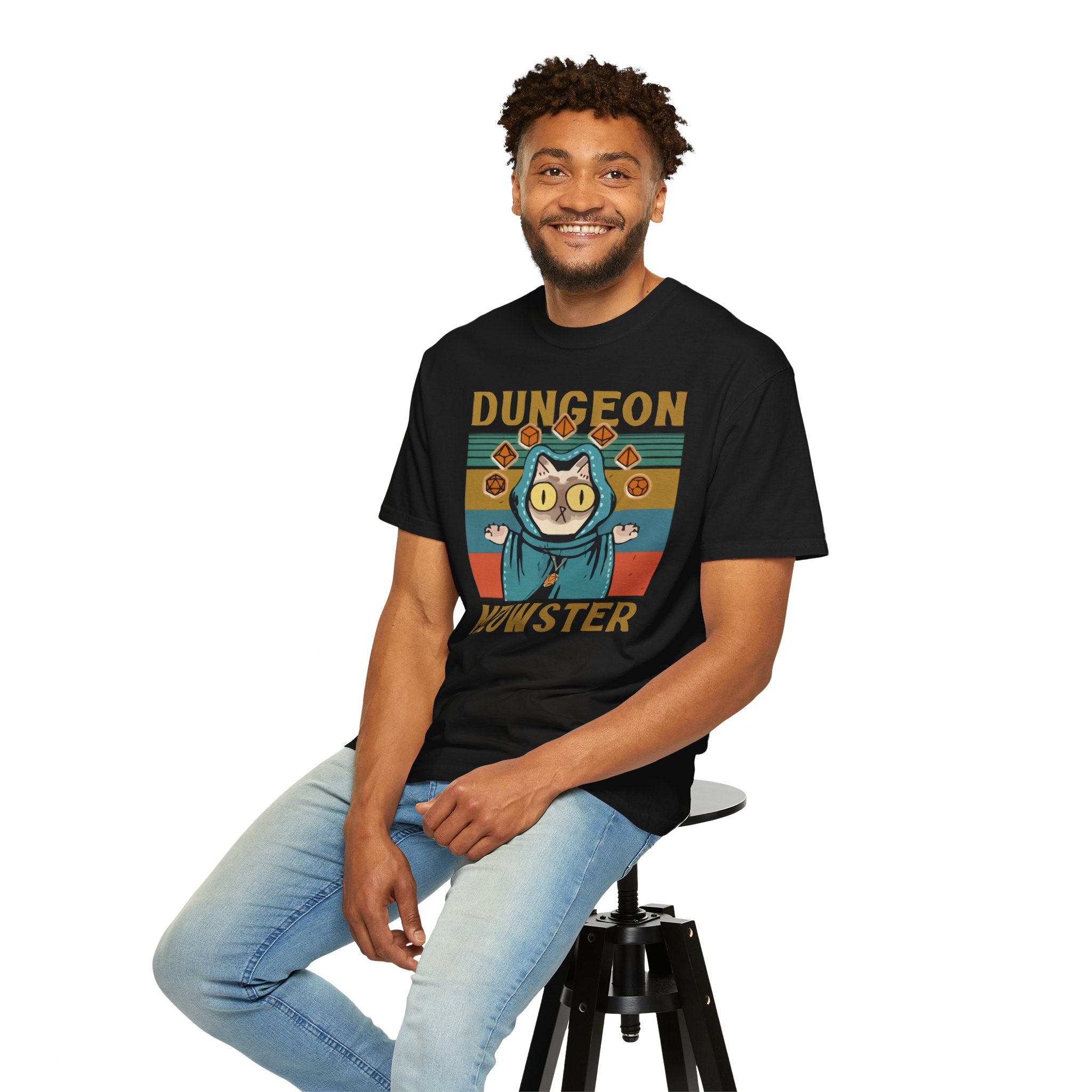 Dungeon Meowster T-Shirt | Cat Wizard RPG Design, Retro Colors