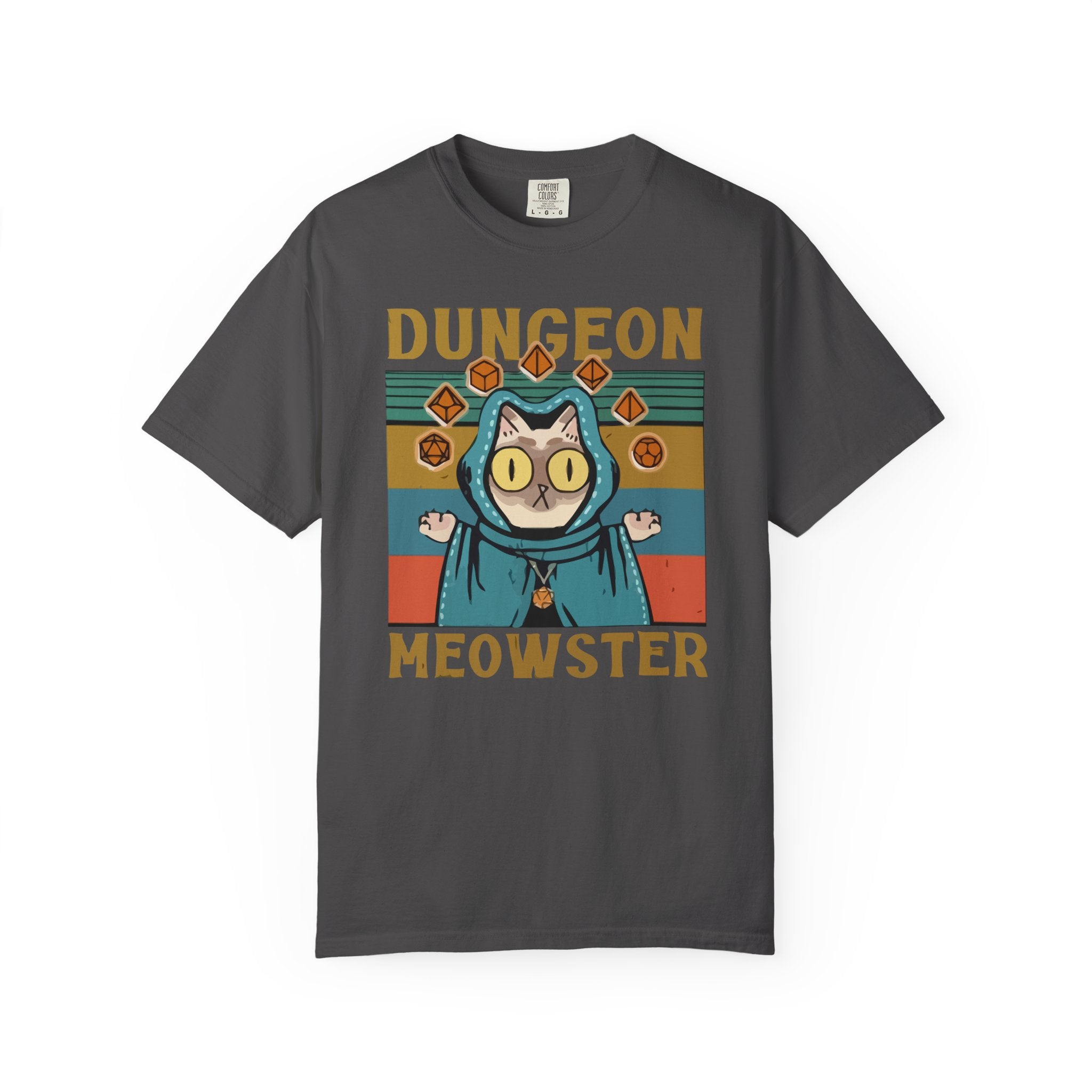 Dungeon Meowster T-Shirt | Cat Wizard RPG Design, Retro Colors