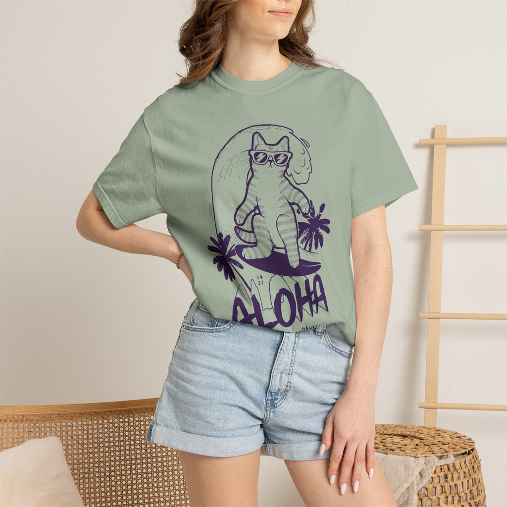 Aloha Surfing Cat T-Shirt | Tropical Palm Graphic
