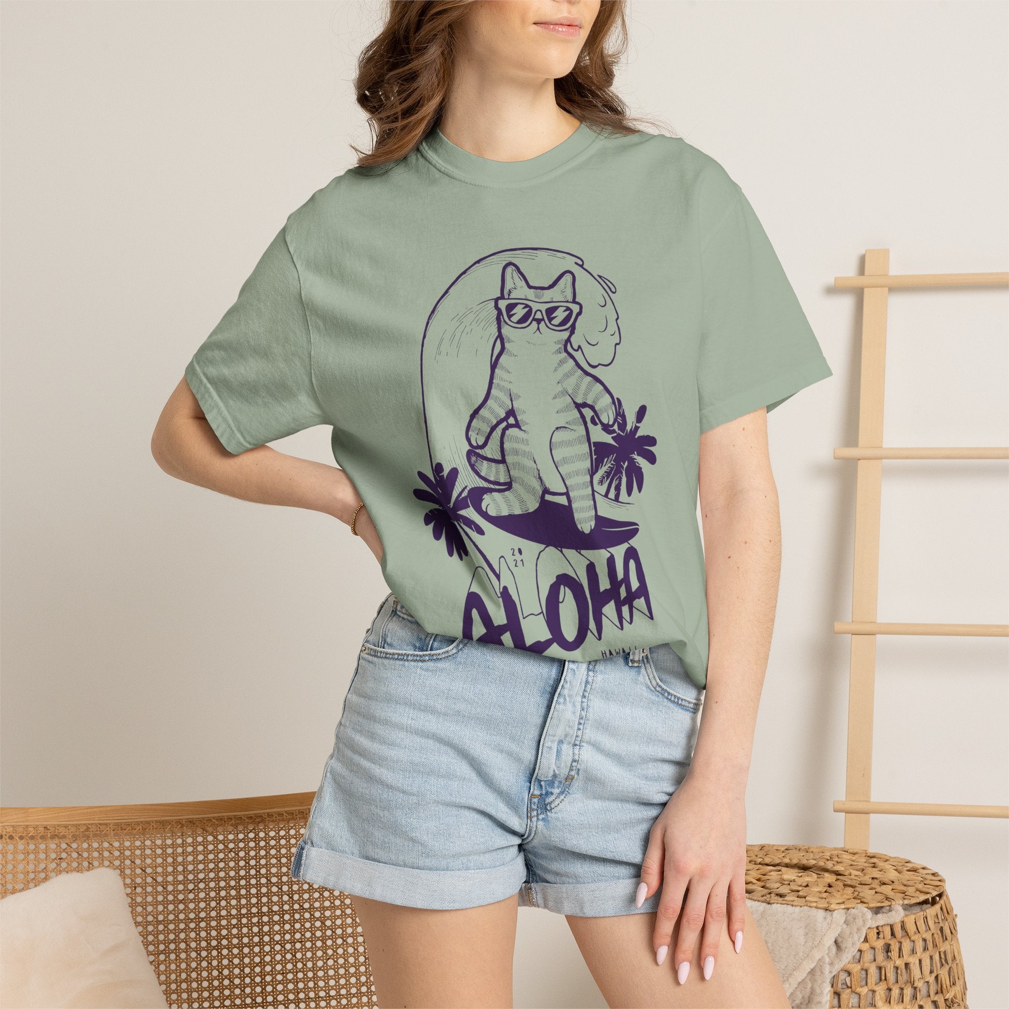 Aloha Surfing Cat T-Shirt | Tropical Palm Graphic
