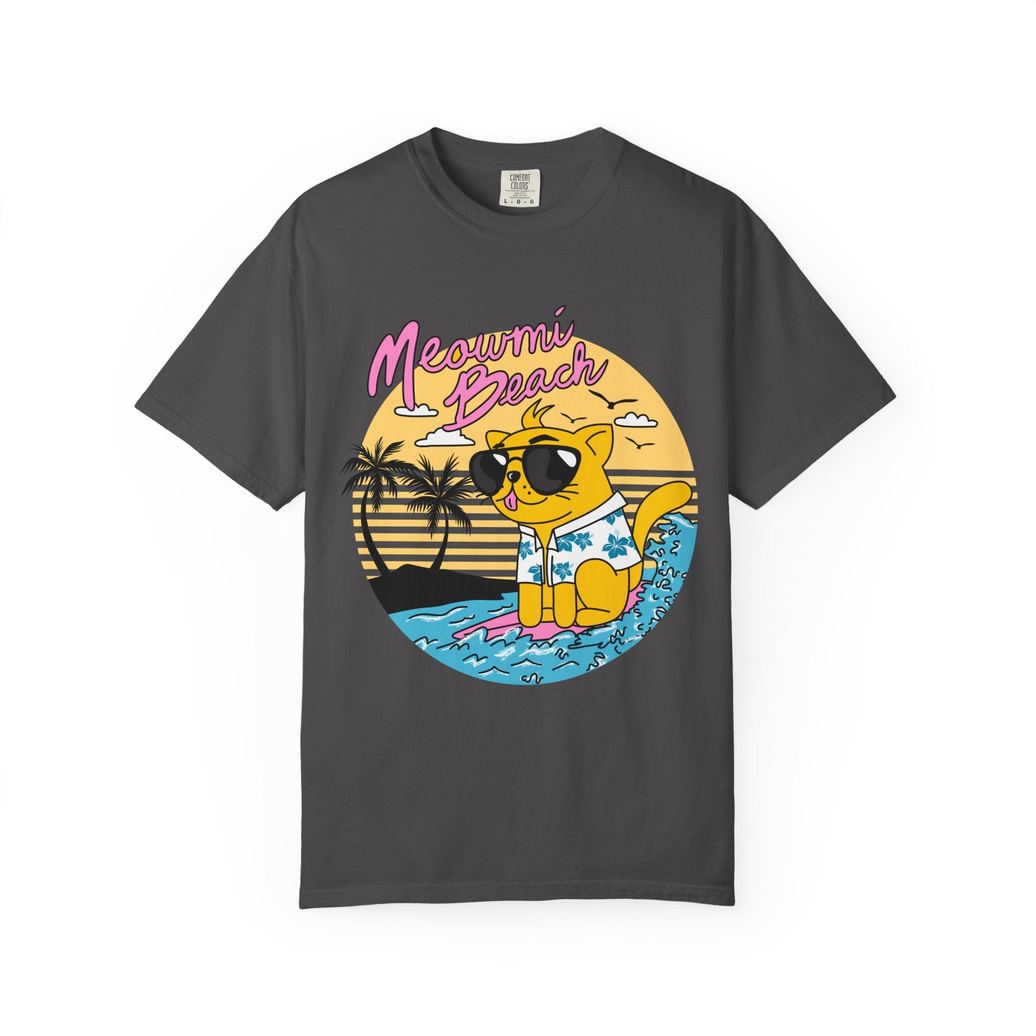 Meowmi Beach cat graphic T-Shirt | Retro summer palm surf design
