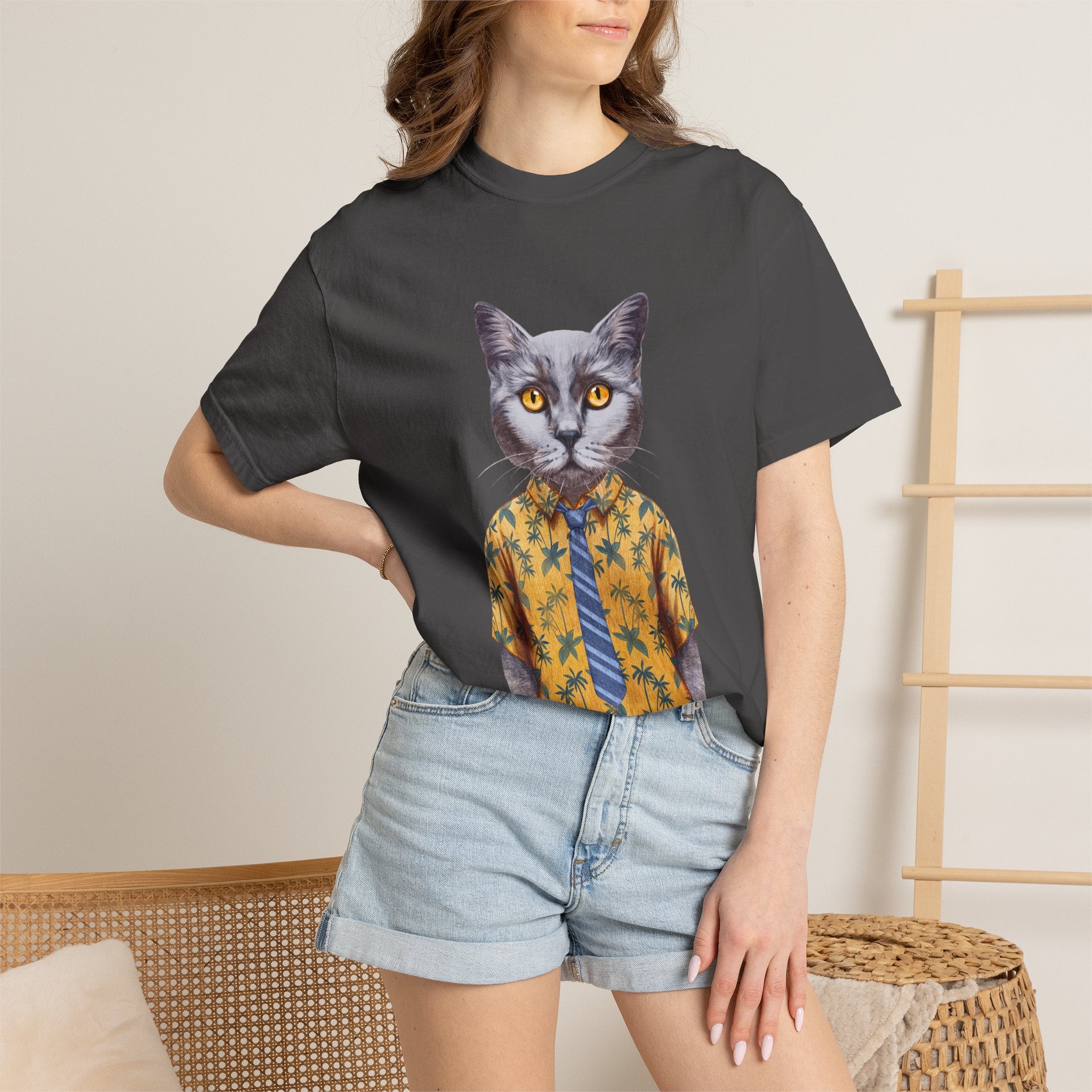 Cat in Hawaiian Shirt T-Shirt | Retro Cat Portrait, Tropical Leaves