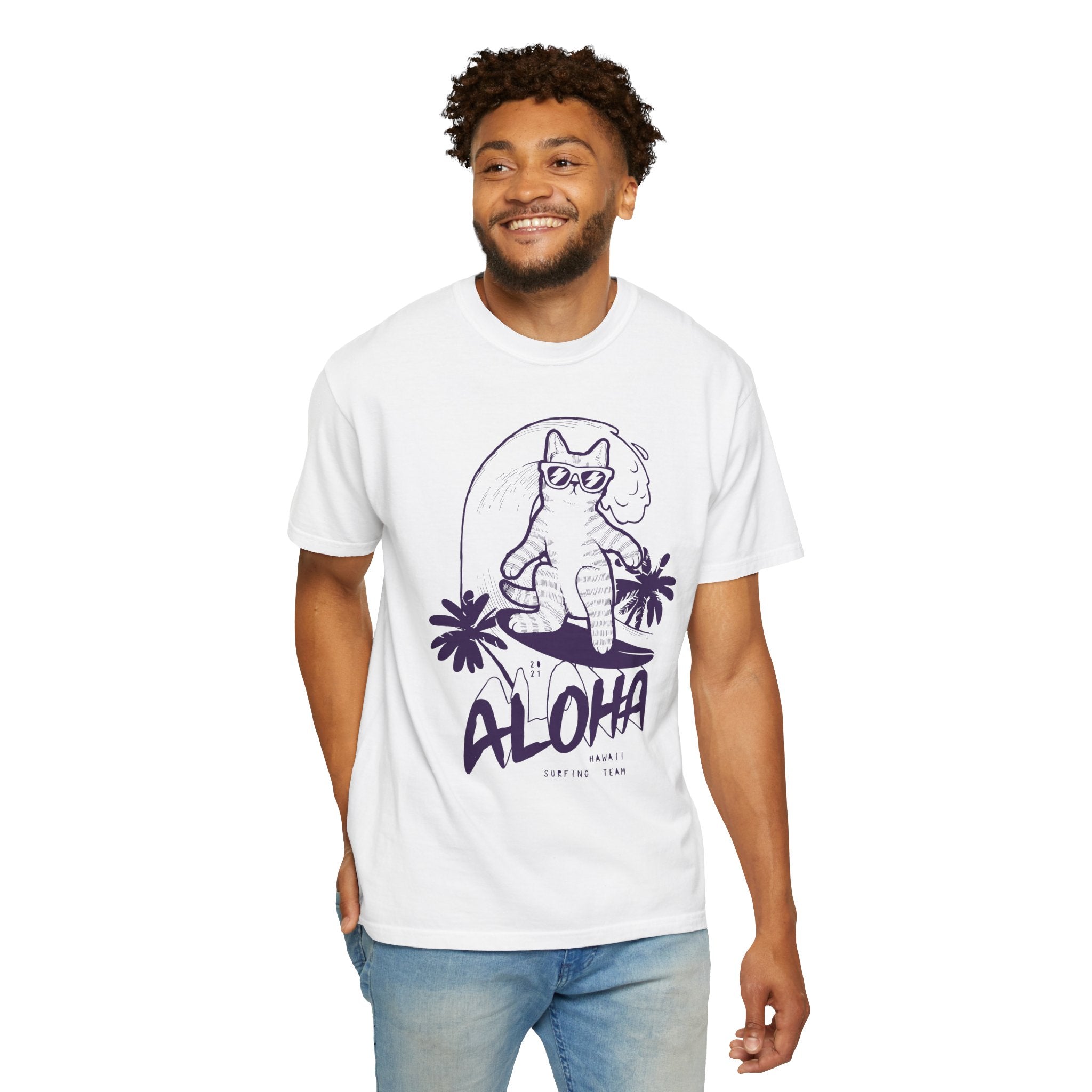 Aloha Surfing Cat T-Shirt | Tropical Palm Graphic