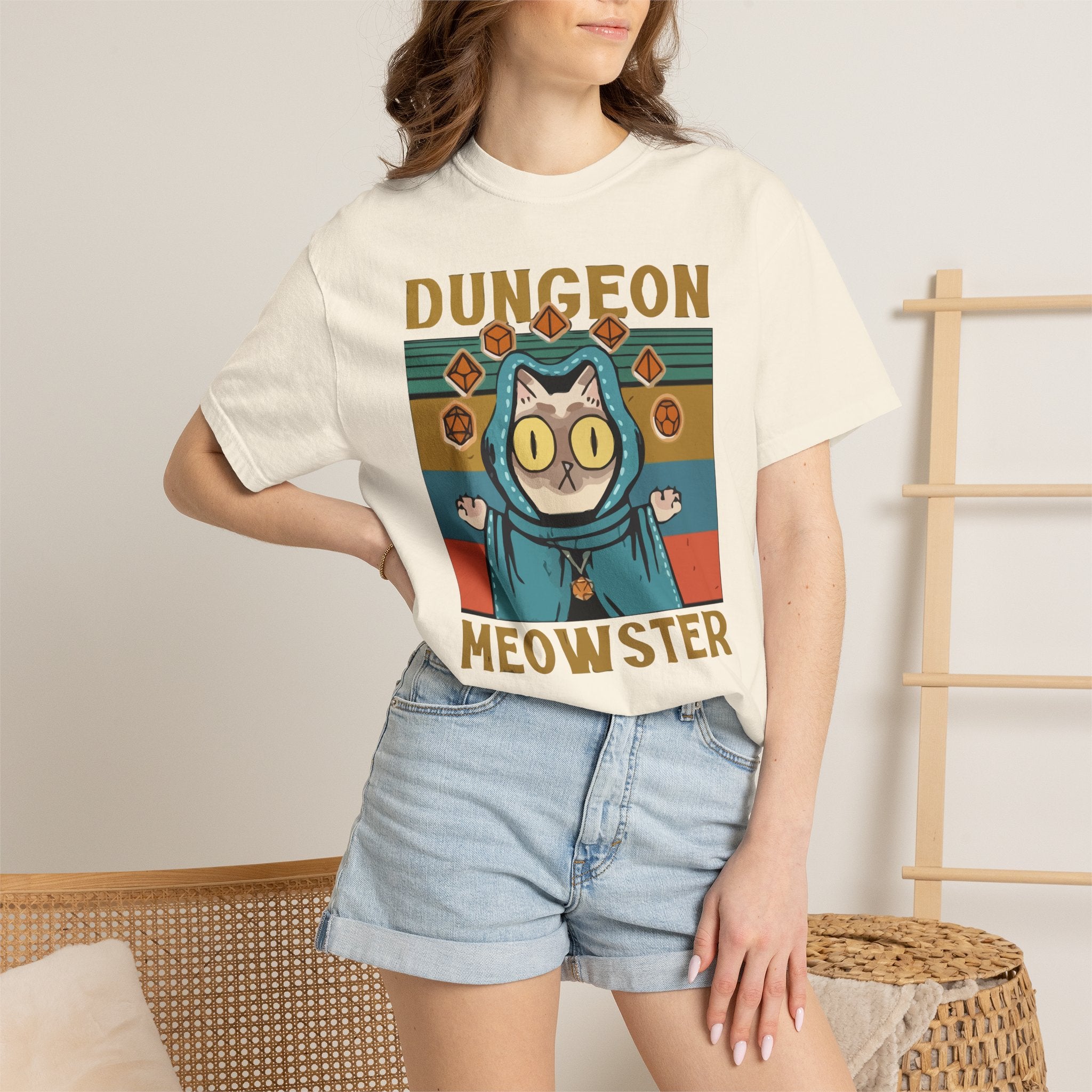 Dungeon Meowster T-Shirt | Cat Wizard RPG Design, Retro Colors