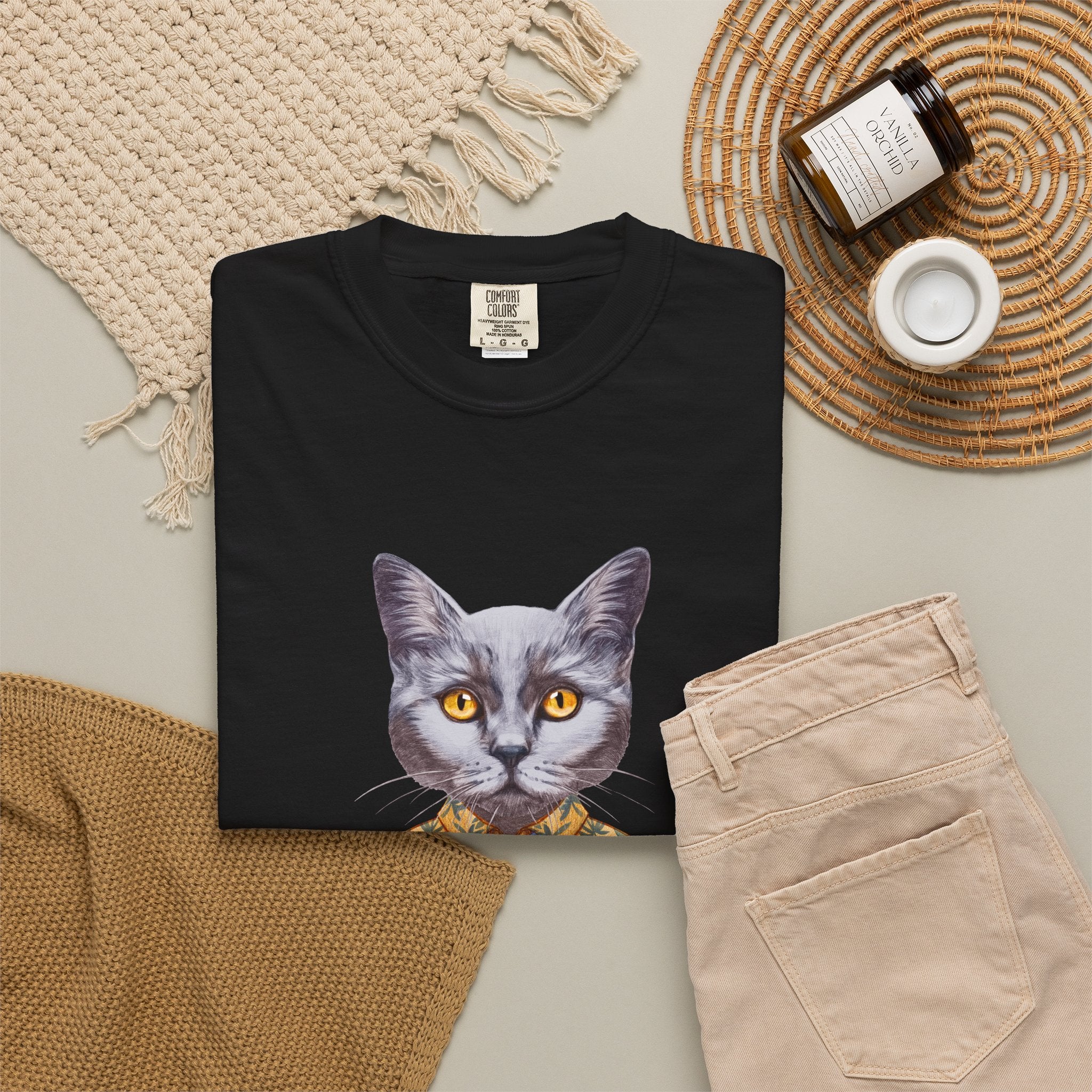 Cat in Hawaiian Shirt T-Shirt | Retro Cat Portrait, Tropical Leaves