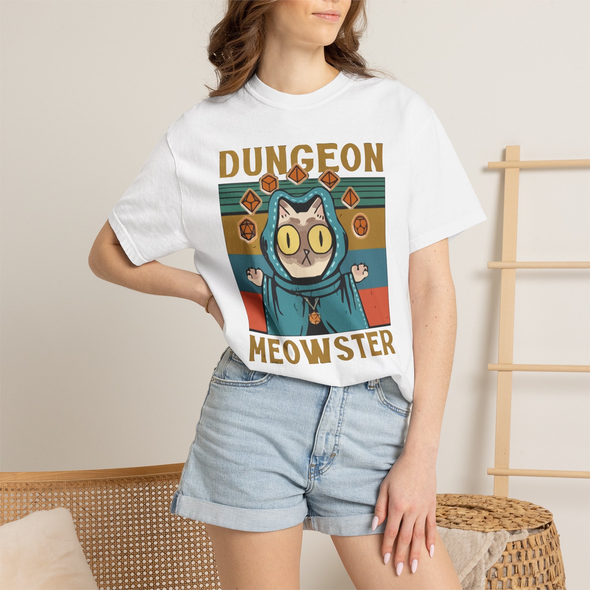 Dungeon Meowster T-Shirt | Cat Wizard RPG Design, Retro Colors