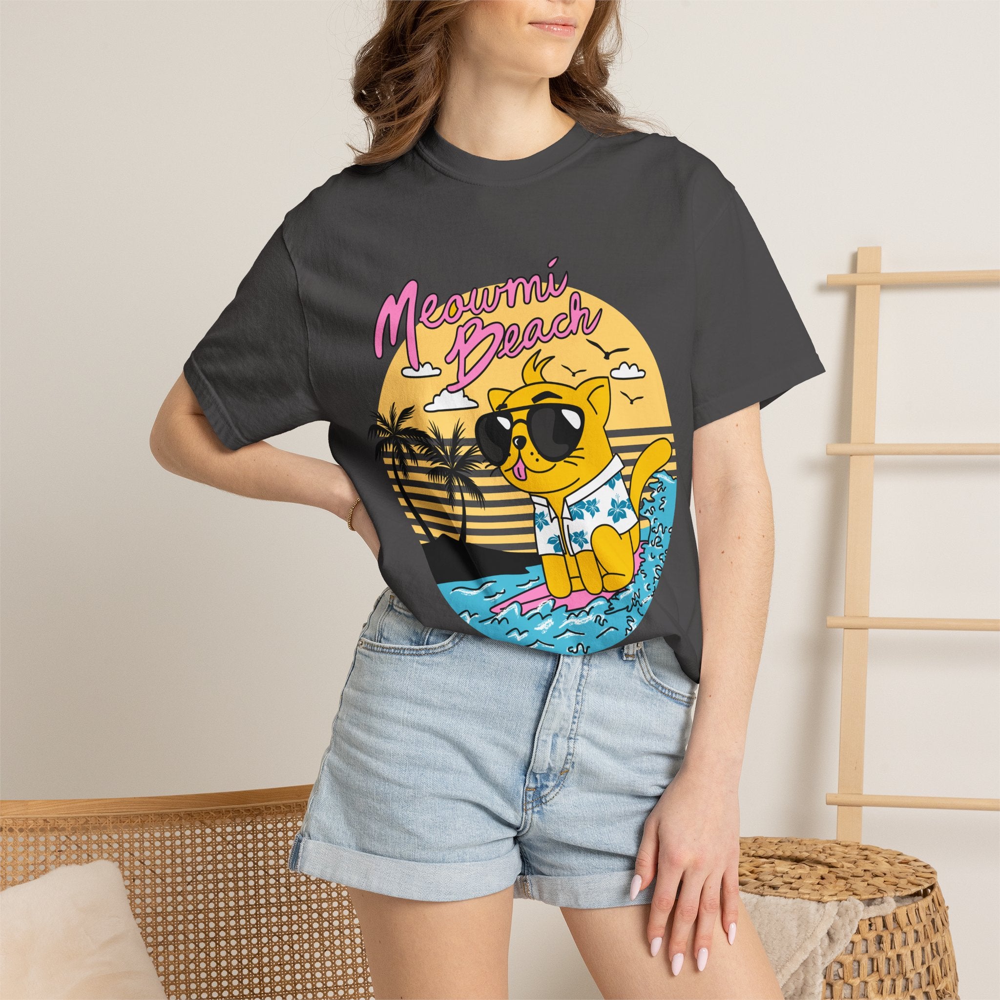 Meowmi Beach cat graphic T-Shirt | Retro summer palm surf design