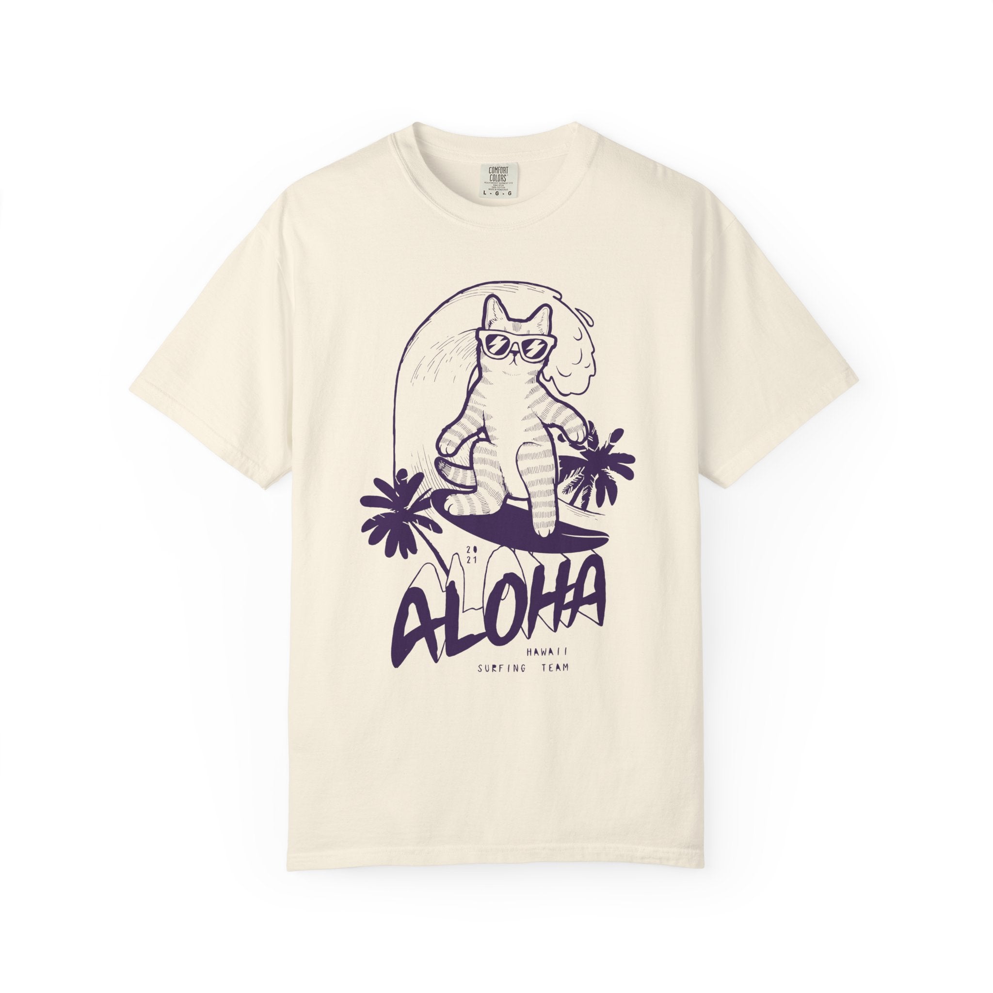Aloha Surfing Cat T-Shirt | Tropical Palm Graphic