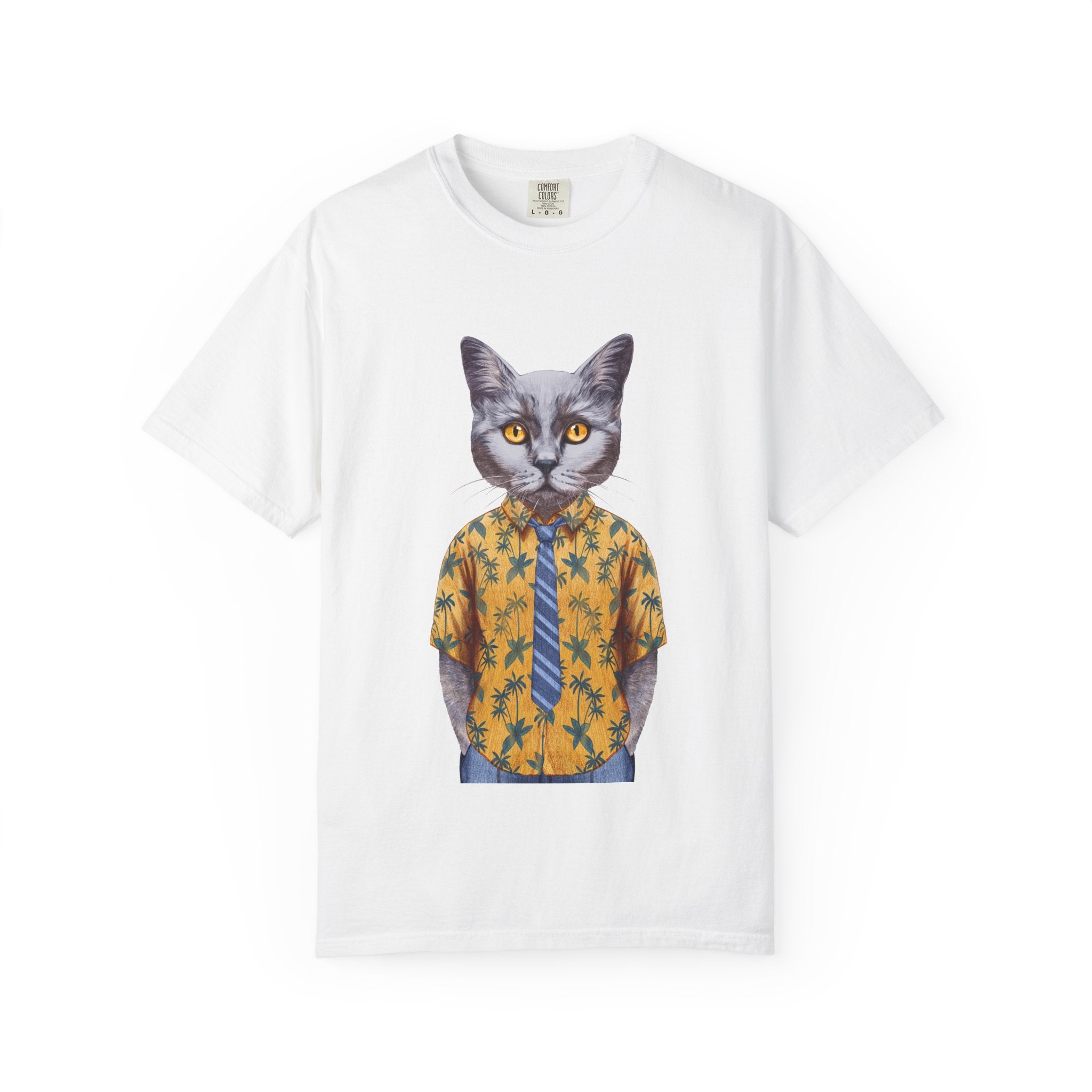 Cat in Hawaiian Shirt T-Shirt | Retro Cat Portrait, Tropical Leaves