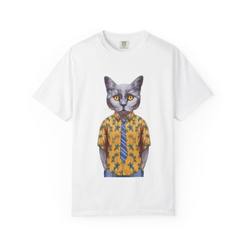 Cat in Hawaiian Shirt T-Shirt | Retro Cat Portrait, Tropical Leaves
