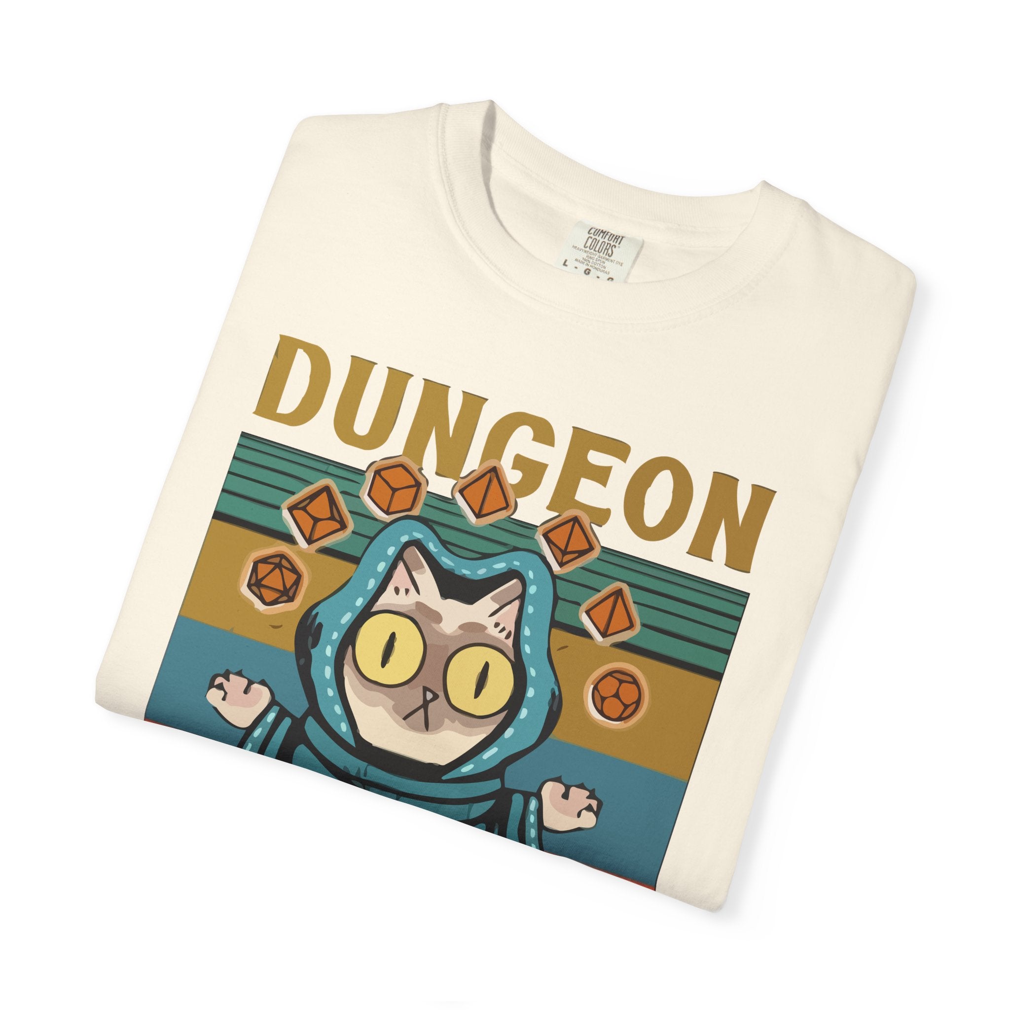 Dungeon Meowster T-Shirt | Cat Wizard RPG Design, Retro Colors