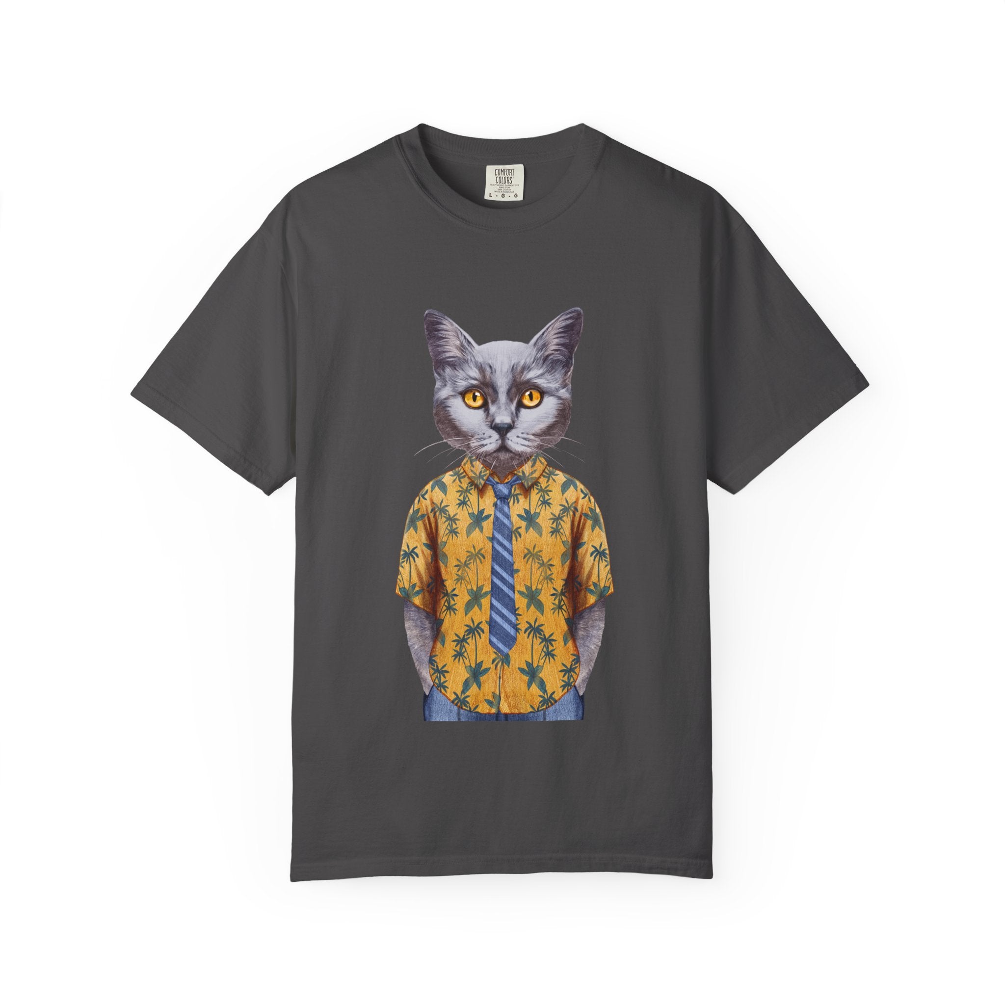 Cat in Hawaiian Shirt T-Shirt | Retro Cat Portrait, Tropical Leaves