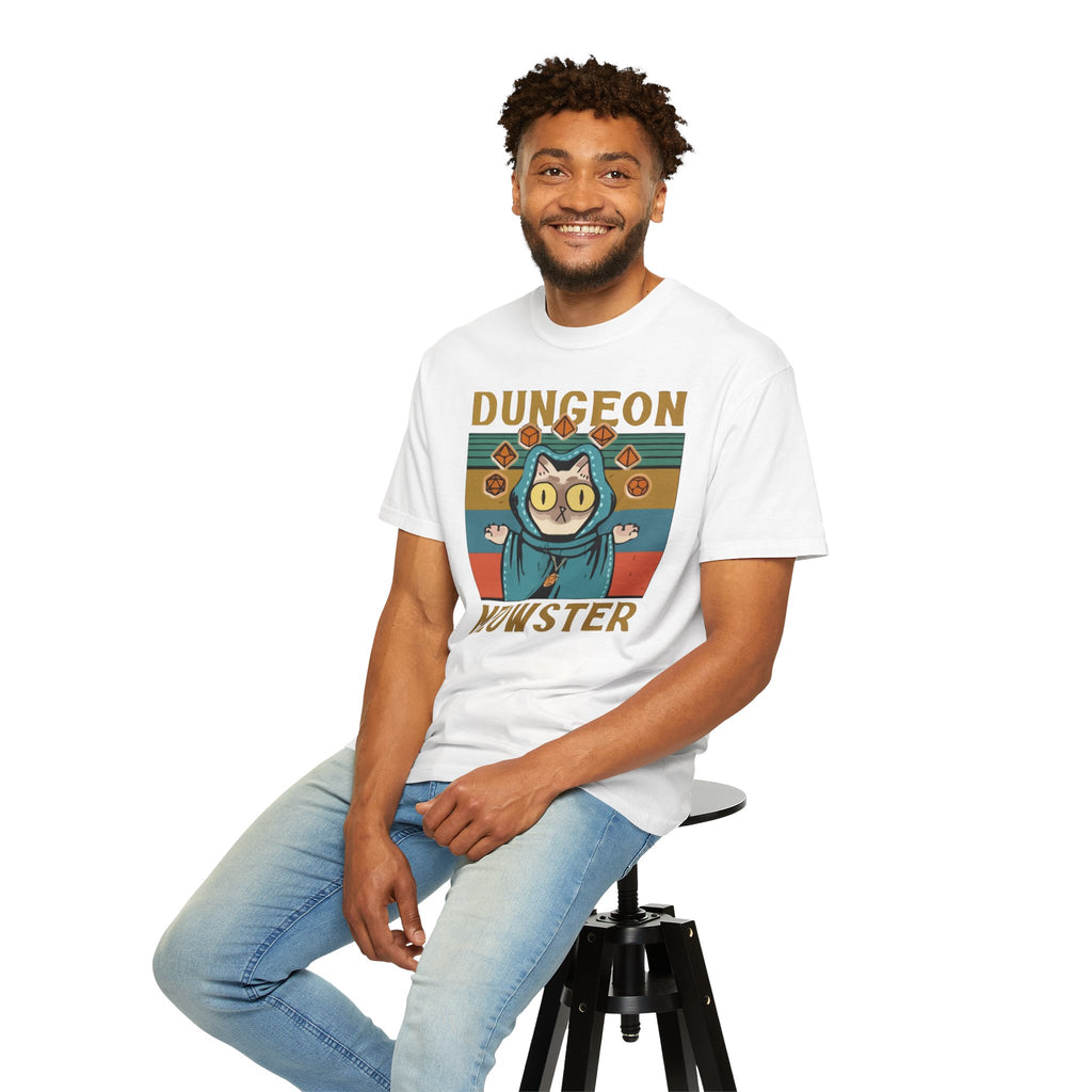 Dungeon Meowster T-Shirt | Cat Wizard RPG Design, Retro Colors