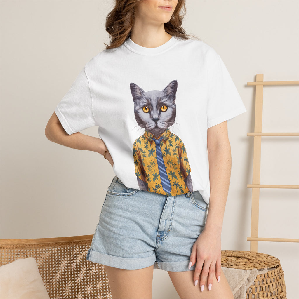 Cat in Hawaiian Shirt T-Shirt | Retro Cat Portrait, Tropical Leaves