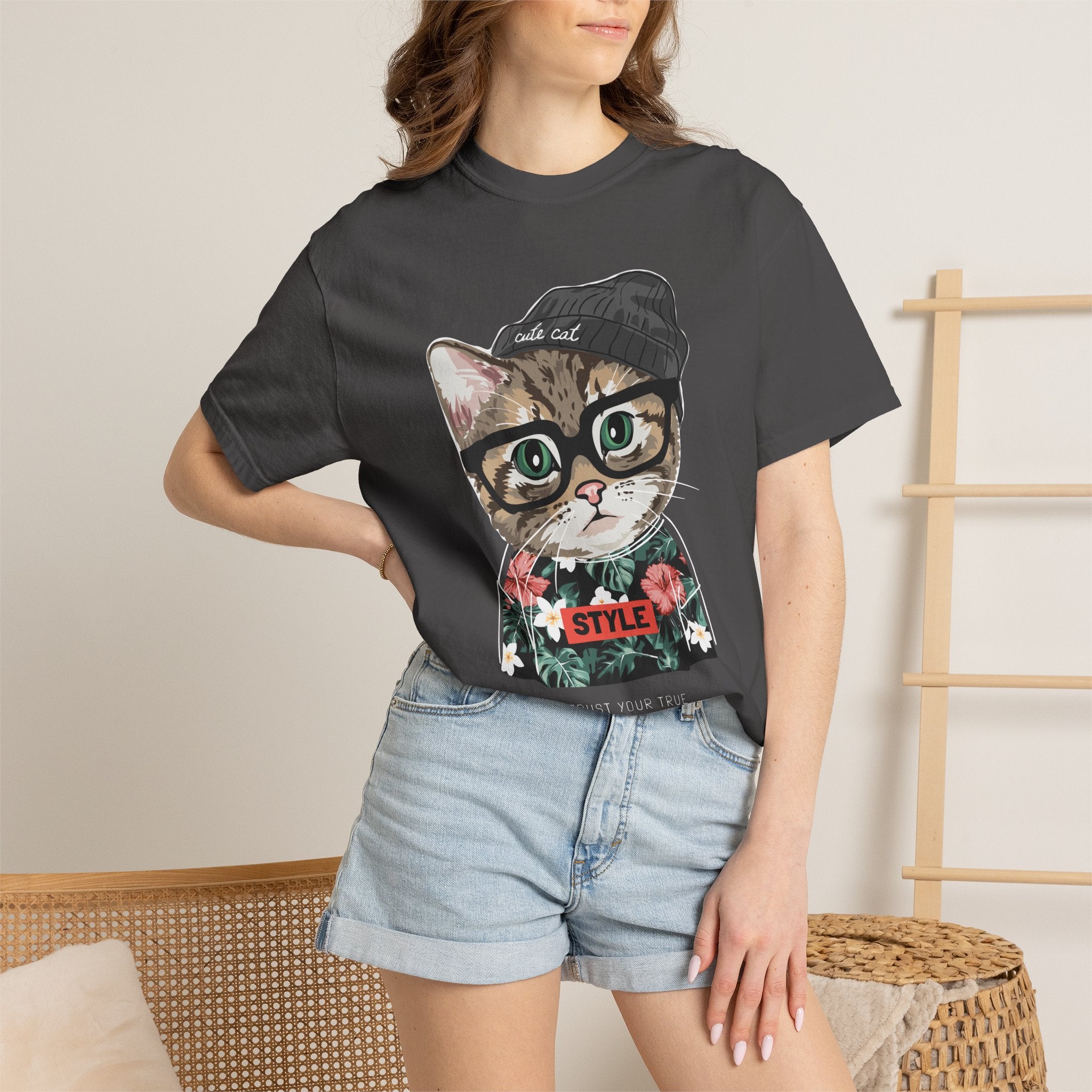 Hipster Cat with Glasses and Beanie T-Shirt | Floral 'Style' Sweater Graphic