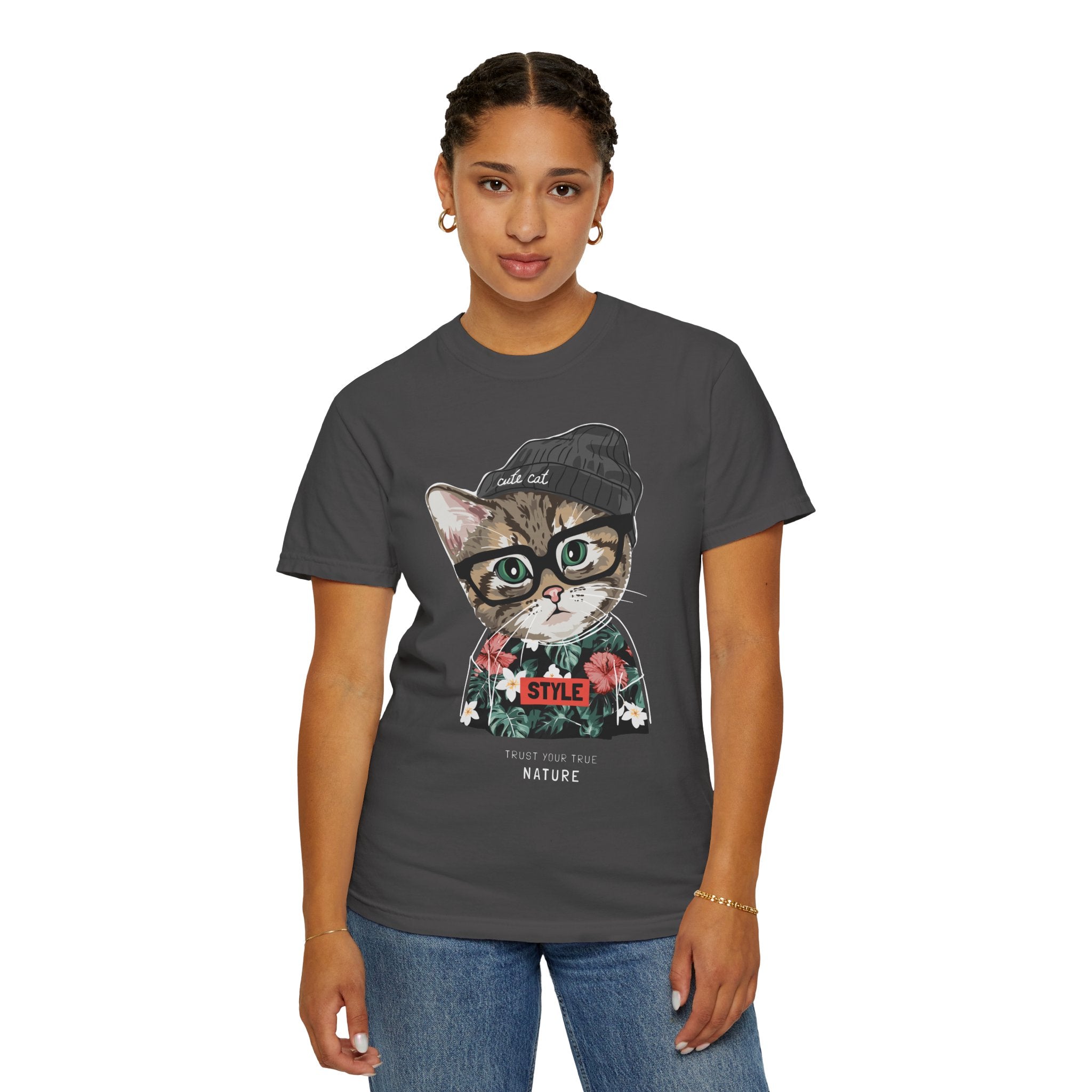 Hipster Cat with Glasses and Beanie T-Shirt | Floral 'Style' Sweater Graphic