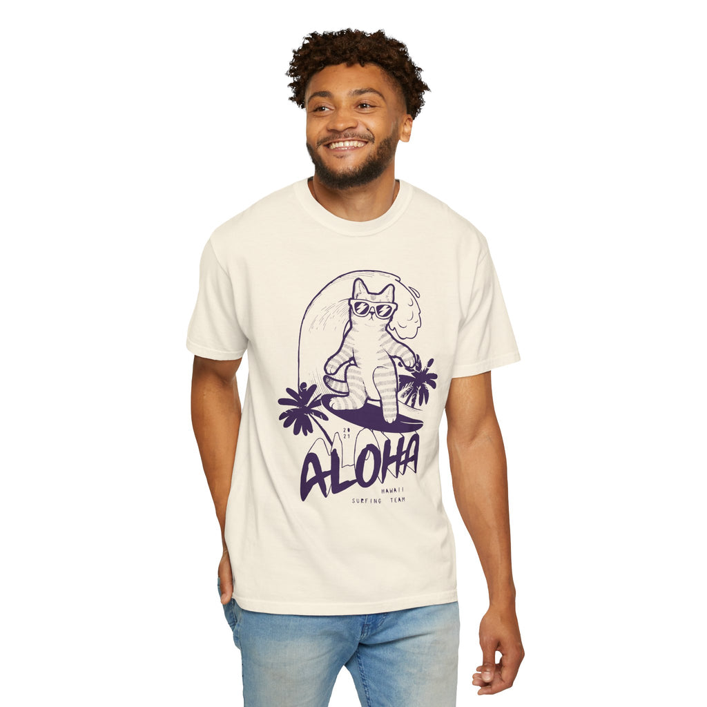 Aloha Surfing Cat T-Shirt | Tropical Palm Graphic