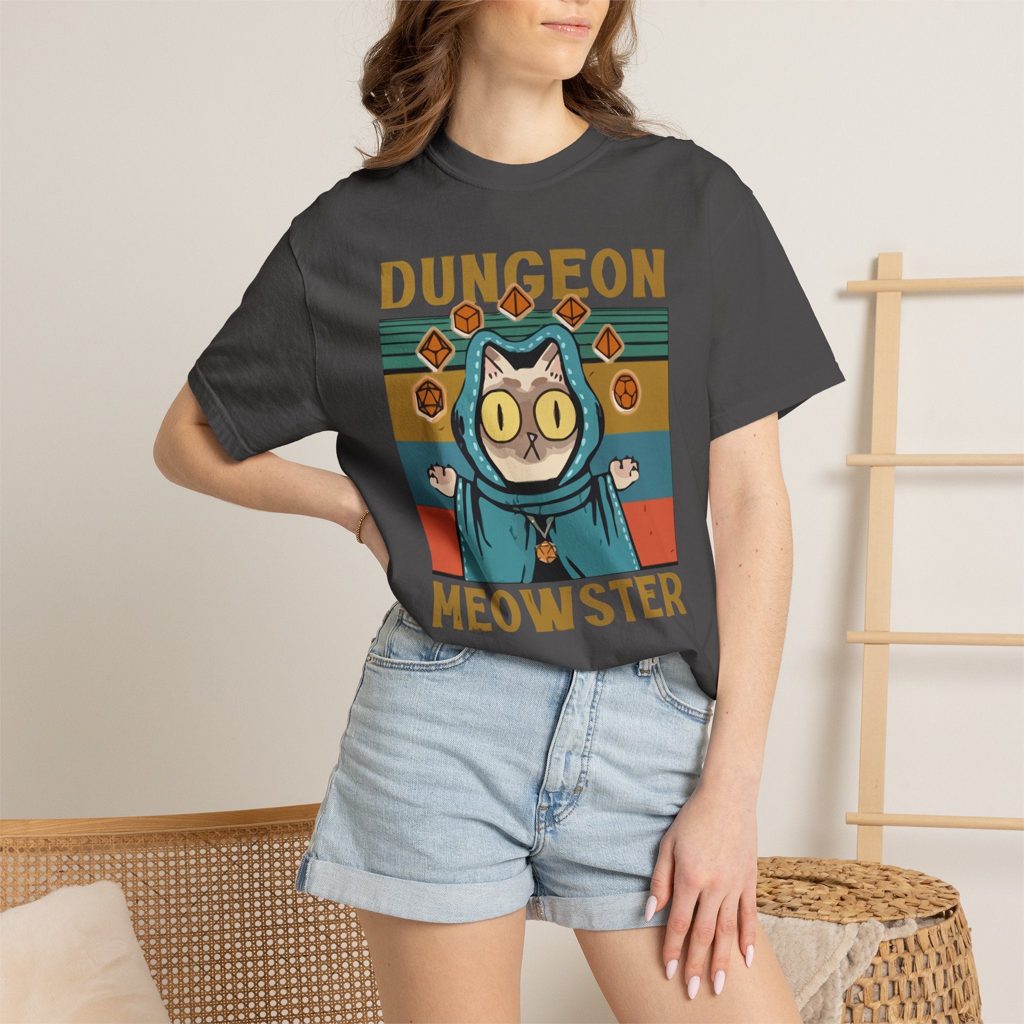 Dungeon Meowster T-Shirt | Cat Wizard RPG Design, Retro Colors