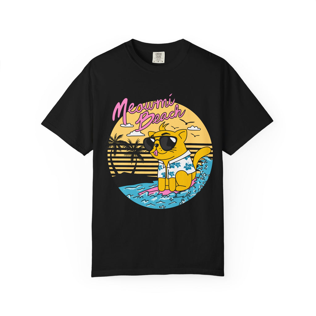 Meowmi Beach cat graphic T-Shirt | Retro summer palm surf design