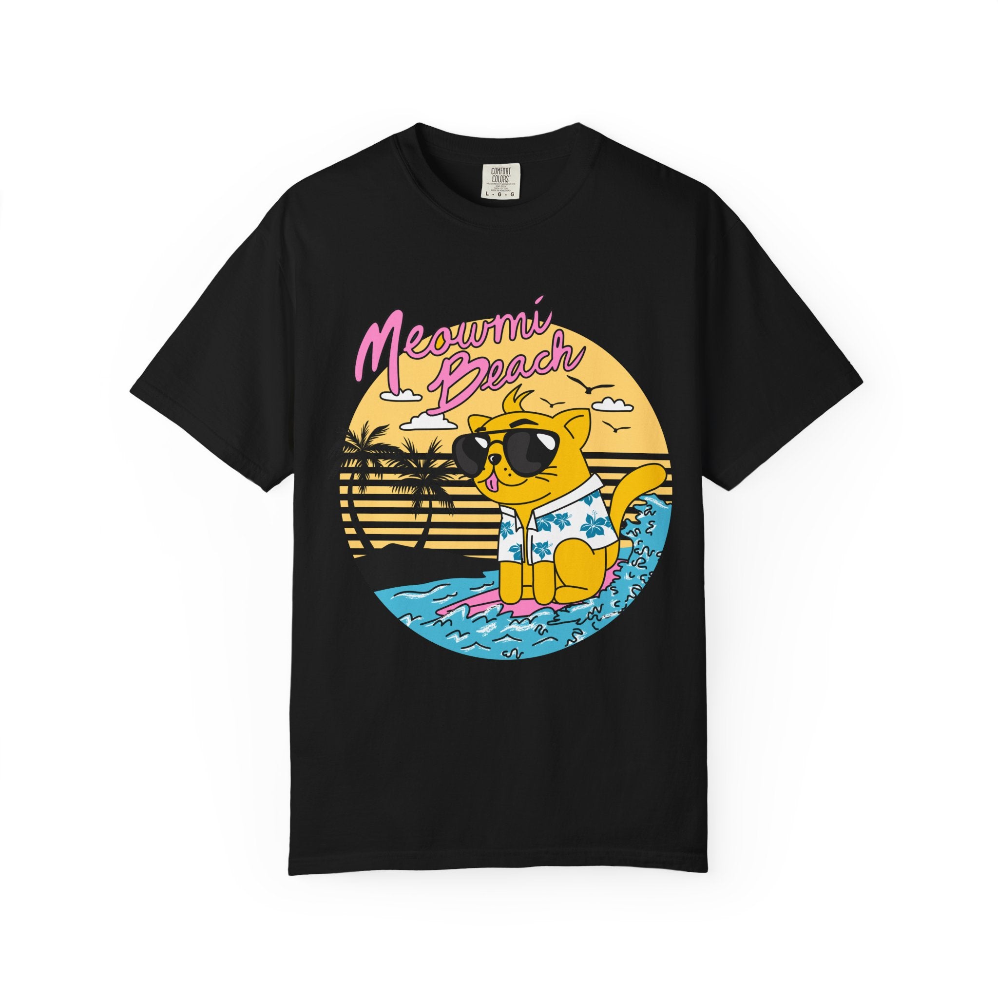 Meowmi Beach cat graphic T-Shirt | Retro summer palm surf design