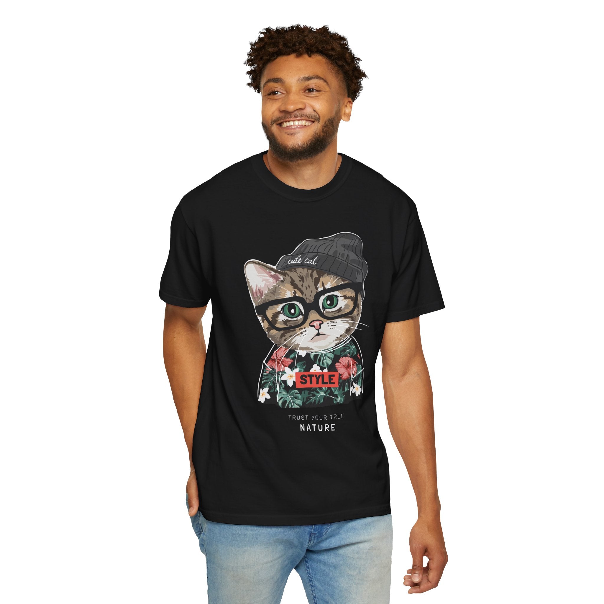 Hipster Cat with Glasses and Beanie T-Shirt | Floral 'Style' Sweater Graphic