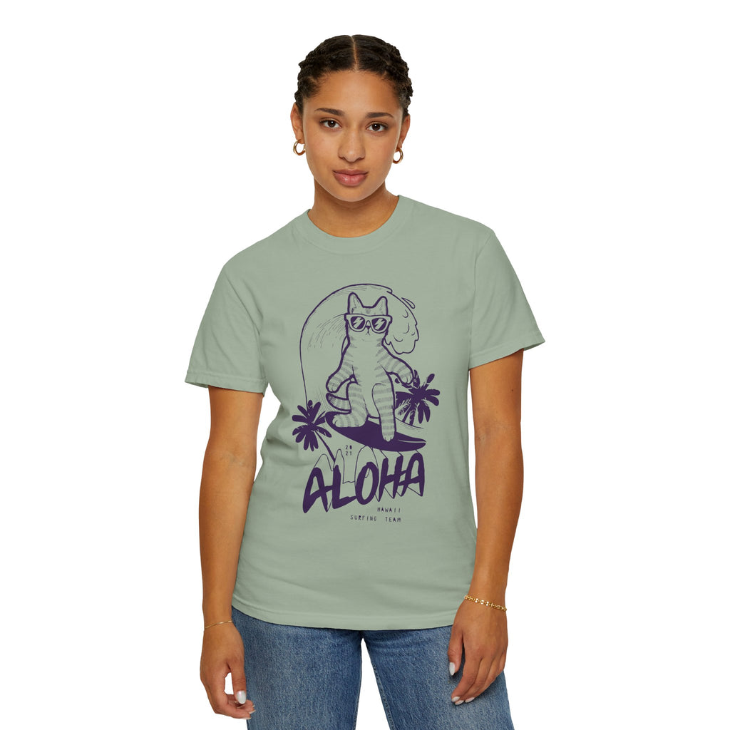 Aloha Surfing Cat T-Shirt | Tropical Palm Graphic