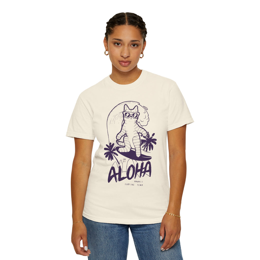 Aloha Surfing Cat T-Shirt | Tropical Palm Graphic