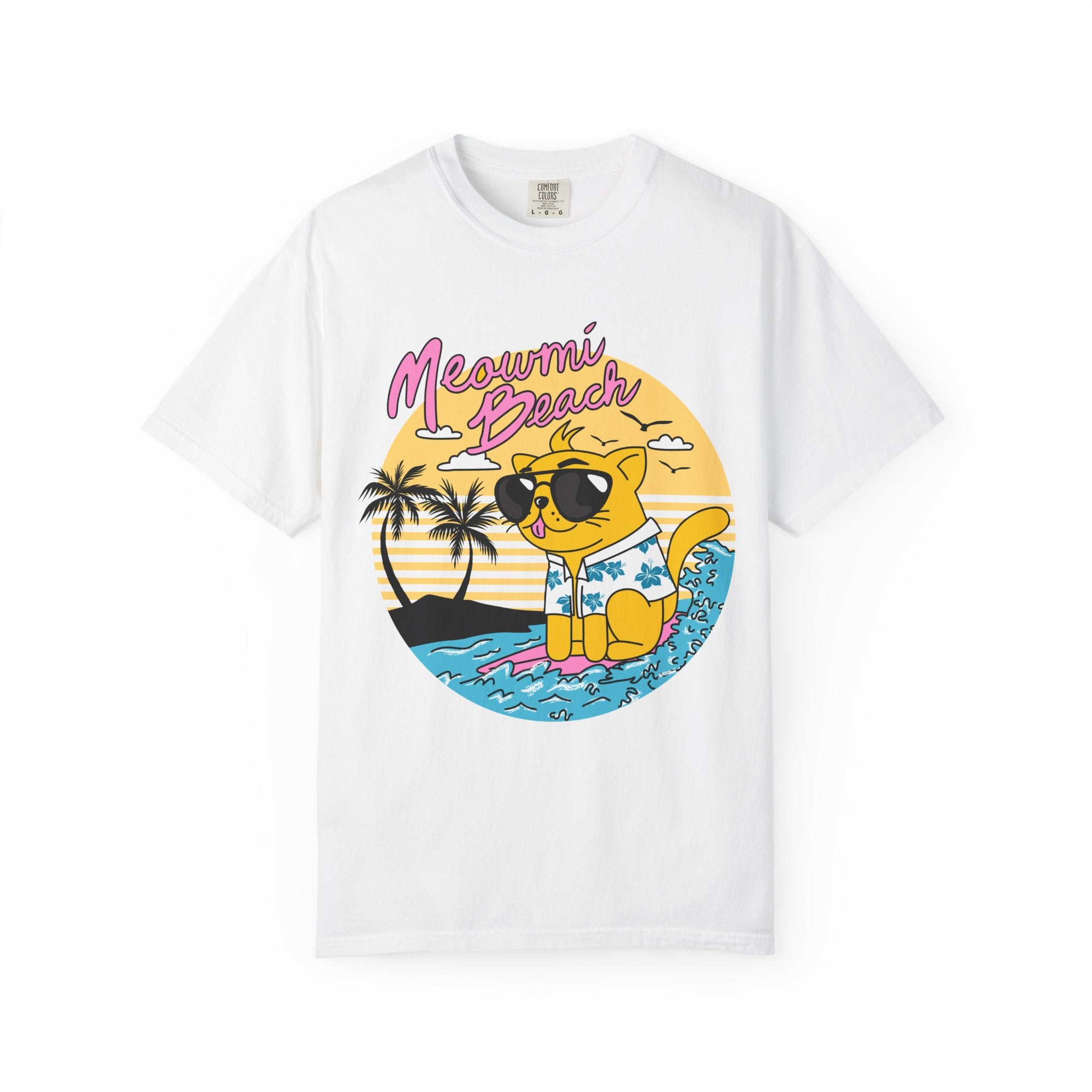 Meowmi Beach cat graphic T-Shirt | Retro summer palm surf design