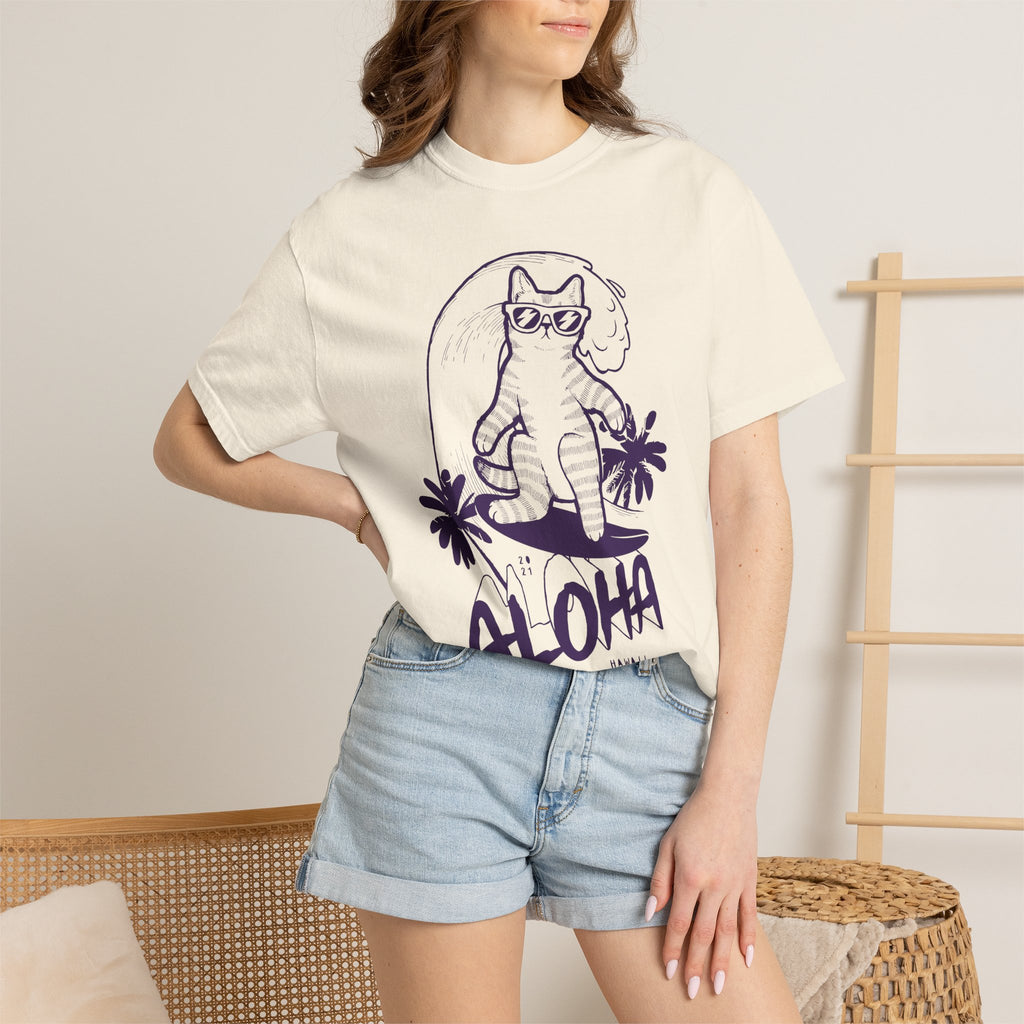 Aloha Surfing Cat T-Shirt | Tropical Palm Graphic