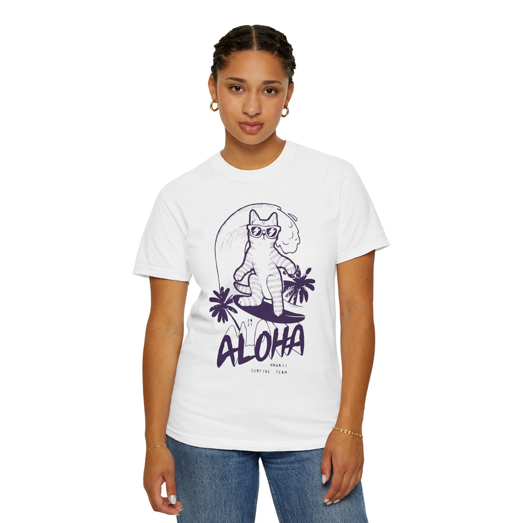 Aloha Surfing Cat T-Shirt | Tropical Palm Graphic