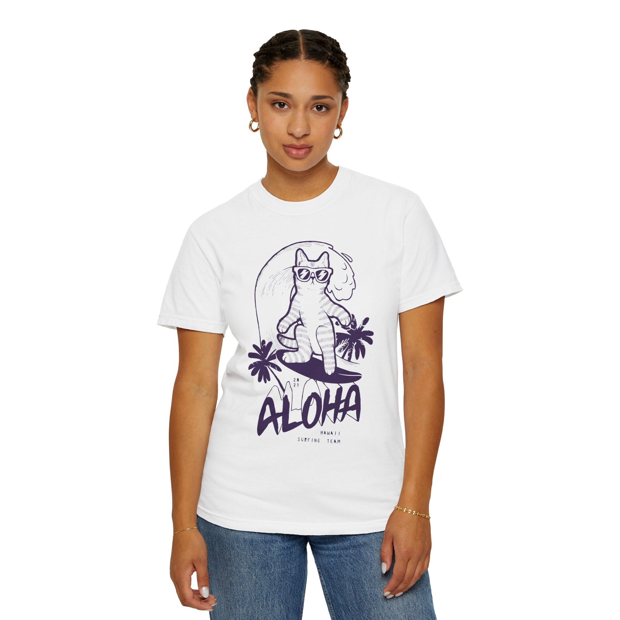 Aloha Surfing Cat T-Shirt | Tropical Palm Graphic