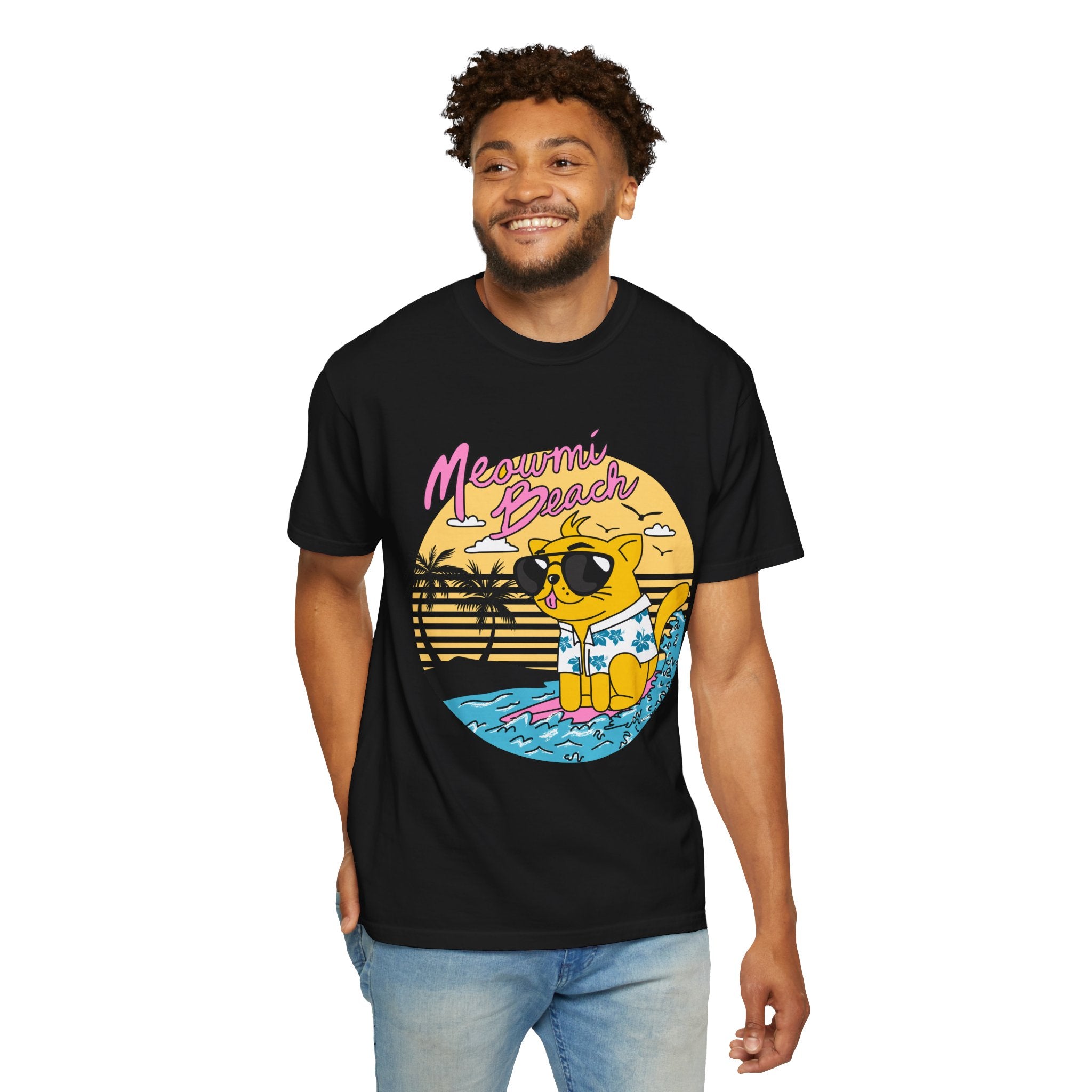 Meowmi Beach cat graphic T-Shirt | Retro summer palm surf design