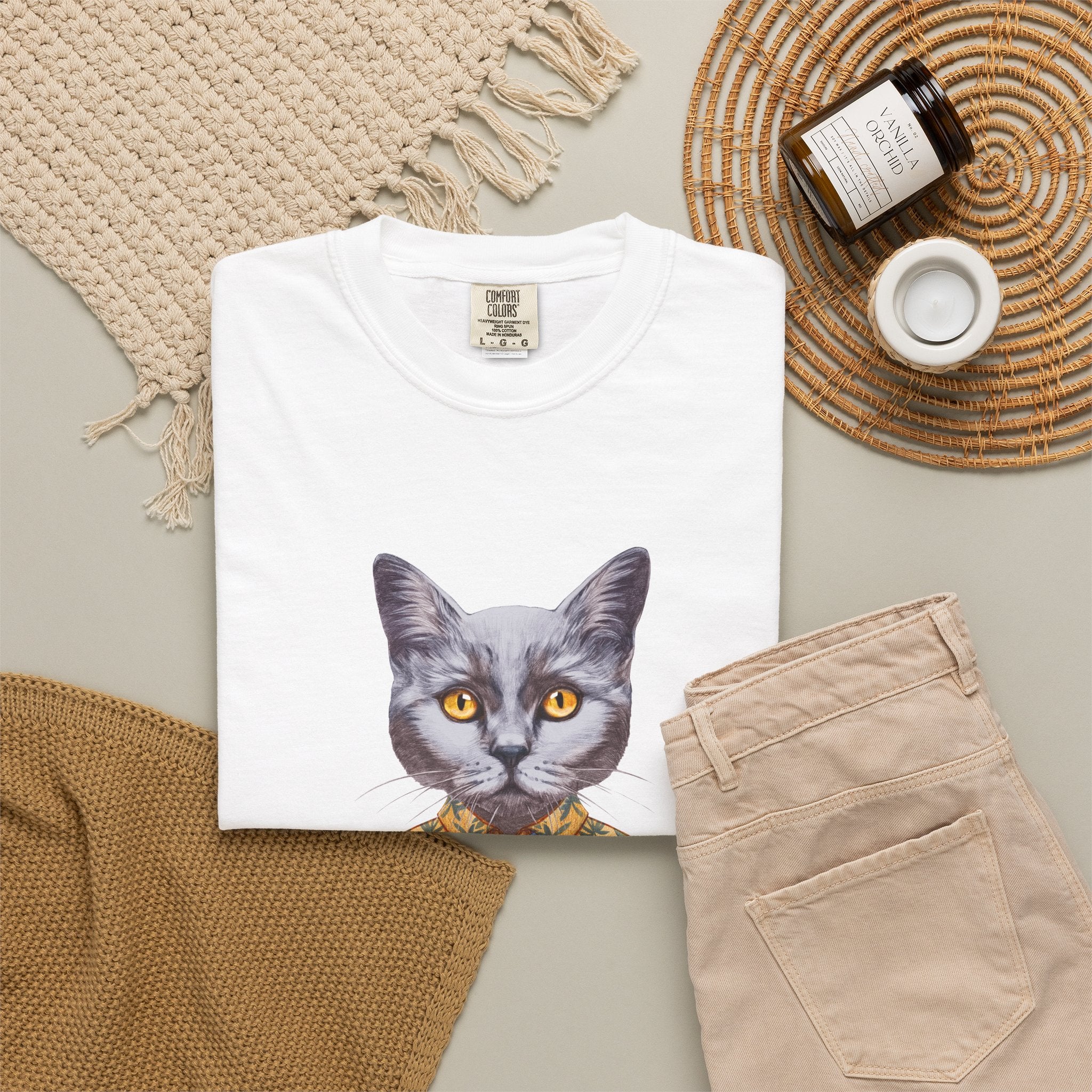 Cat in Hawaiian Shirt T-Shirt | Retro Cat Portrait, Tropical Leaves
