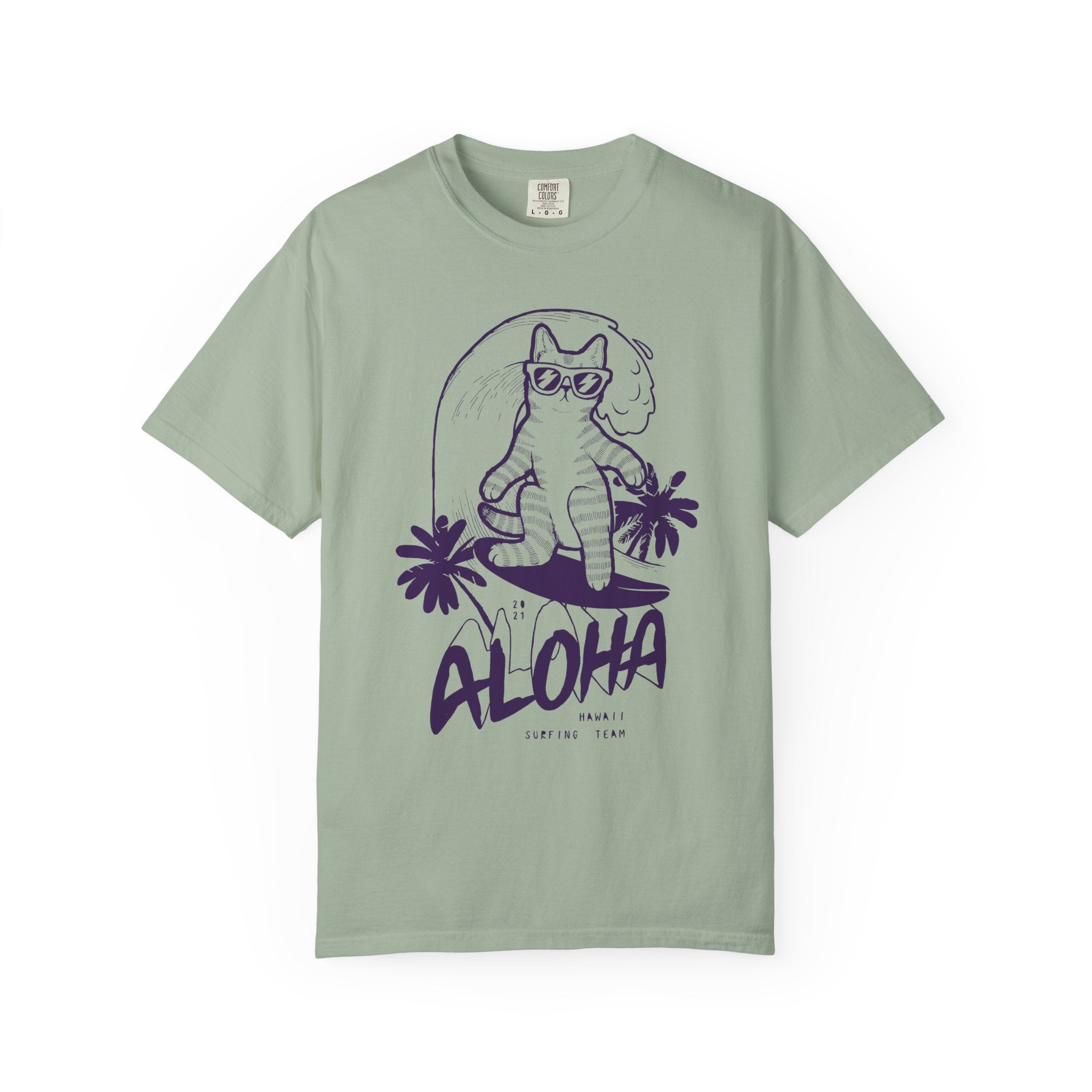 Aloha Surfing Cat T-Shirt | Tropical Palm Graphic