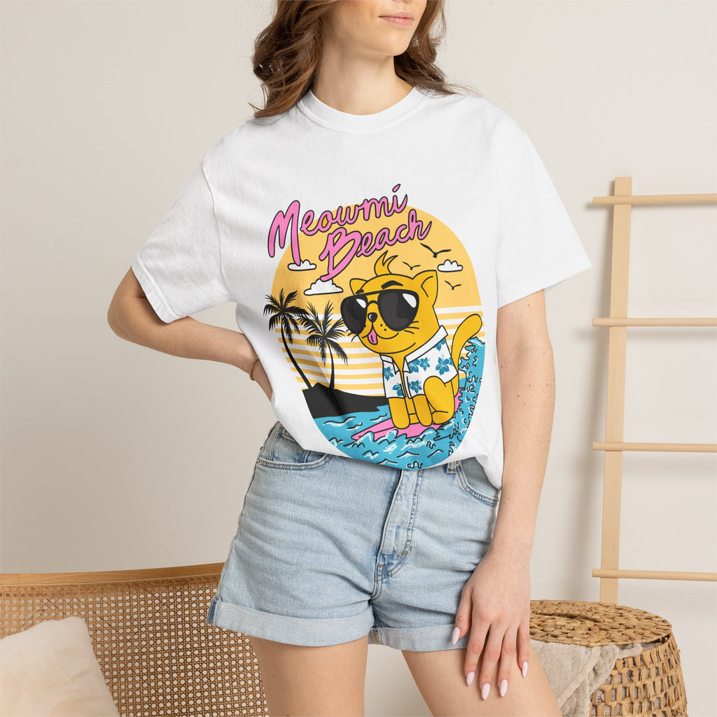 Meowmi Beach cat graphic T-Shirt | Retro summer palm surf design