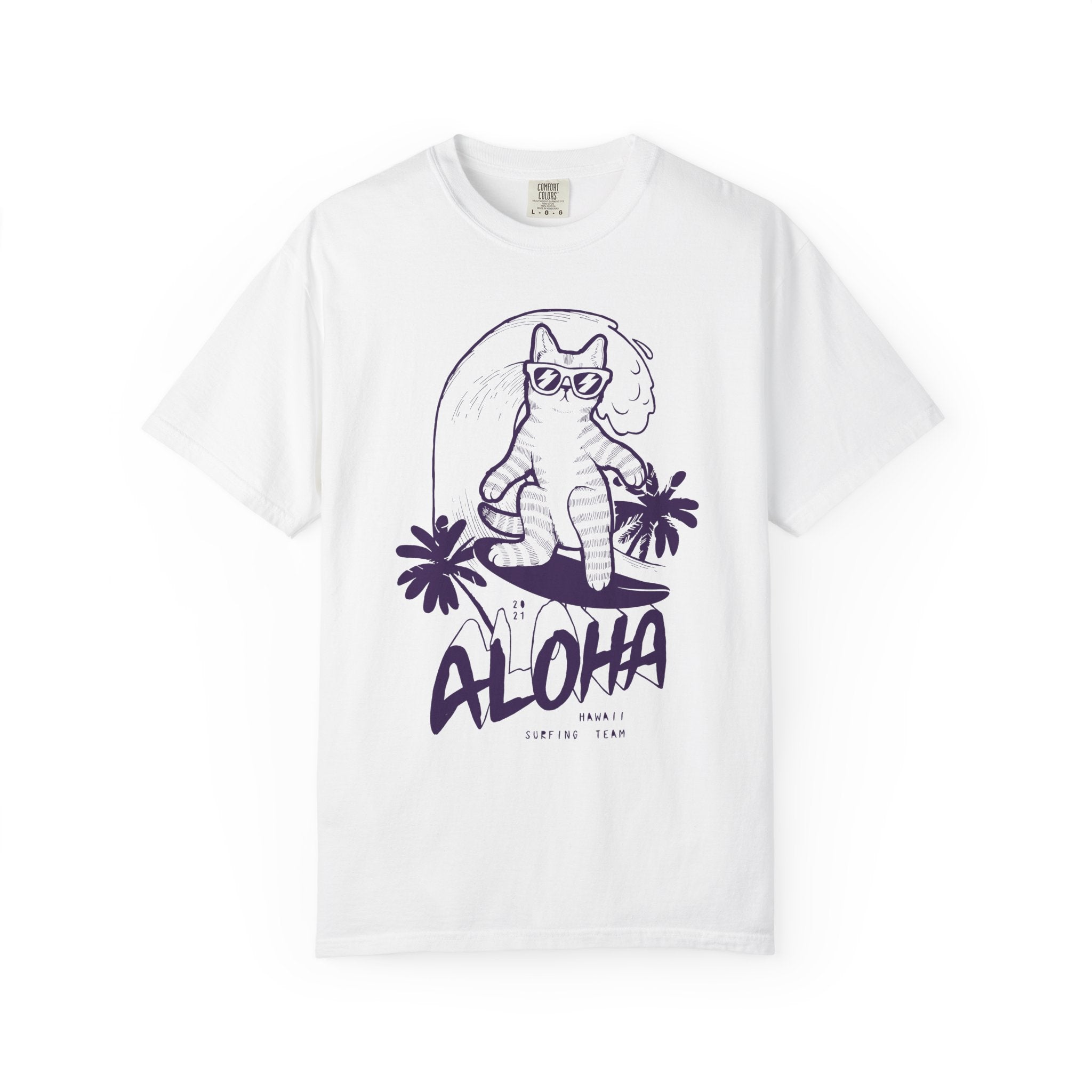 Aloha Surfing Cat T-Shirt | Tropical Palm Graphic