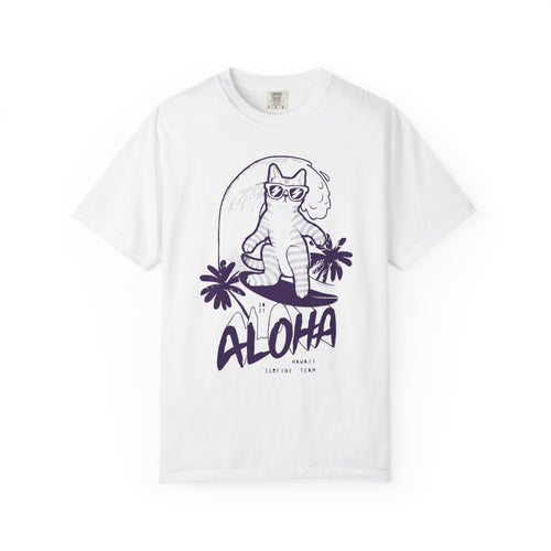 Aloha Surfing Cat T-Shirt | Tropical Palm Graphic