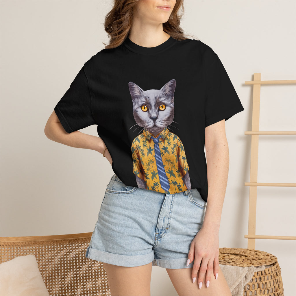 Cat in Hawaiian Shirt T-Shirt | Retro Cat Portrait, Tropical Leaves