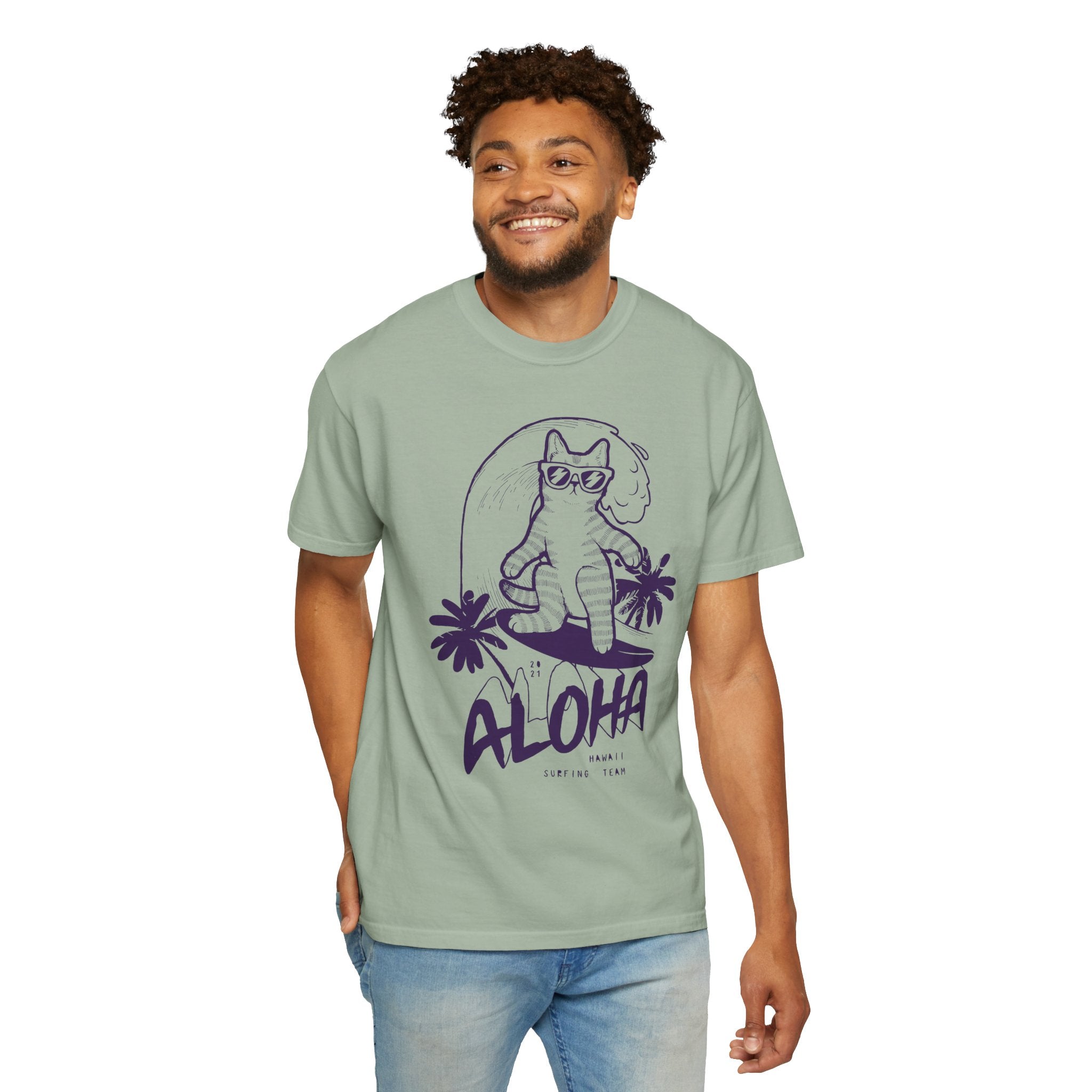 Aloha Surfing Cat T-Shirt | Tropical Palm Graphic