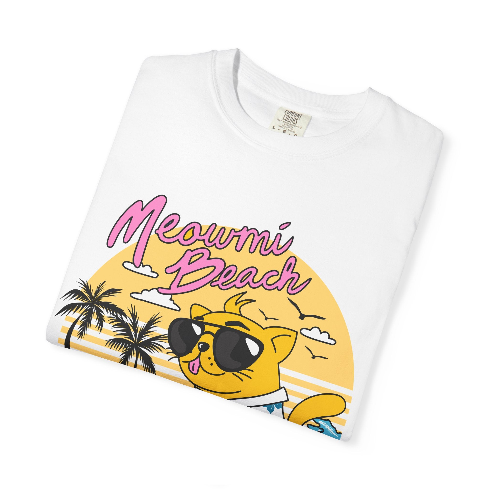 Meowmi Beach cat graphic T-Shirt | Retro summer palm surf design