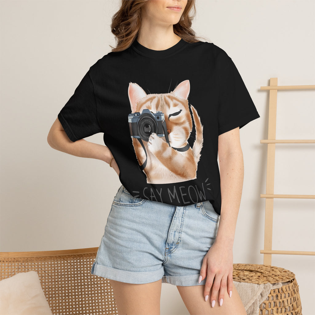 Cat Photographer Say Meow T-shirt | Cute Cat with Camera Tee