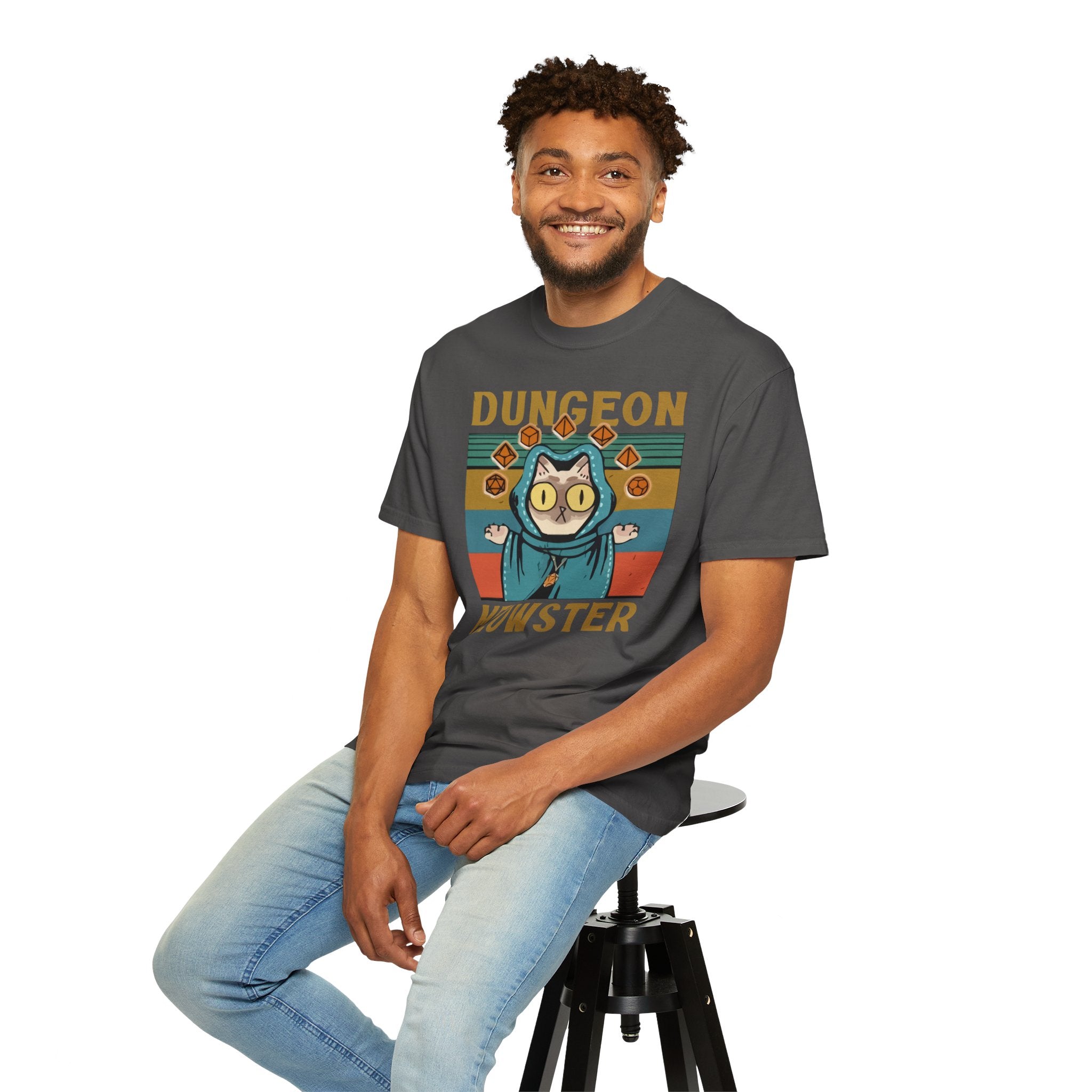 Dungeon Meowster T-Shirt | Cat Wizard RPG Design, Retro Colors