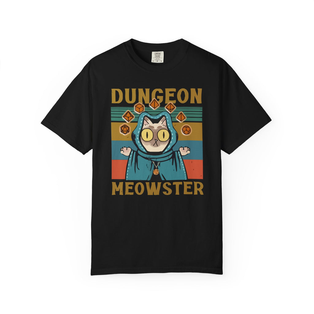 Dungeon Meowster T-Shirt | Cat Wizard RPG Design, Retro Colors