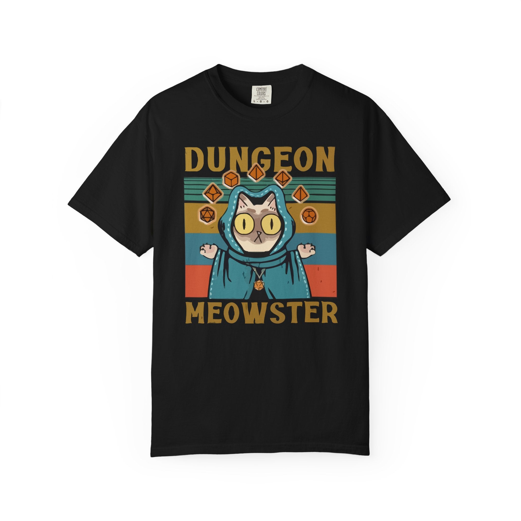 Dungeon Meowster T-Shirt | Cat Wizard RPG Design, Retro Colors